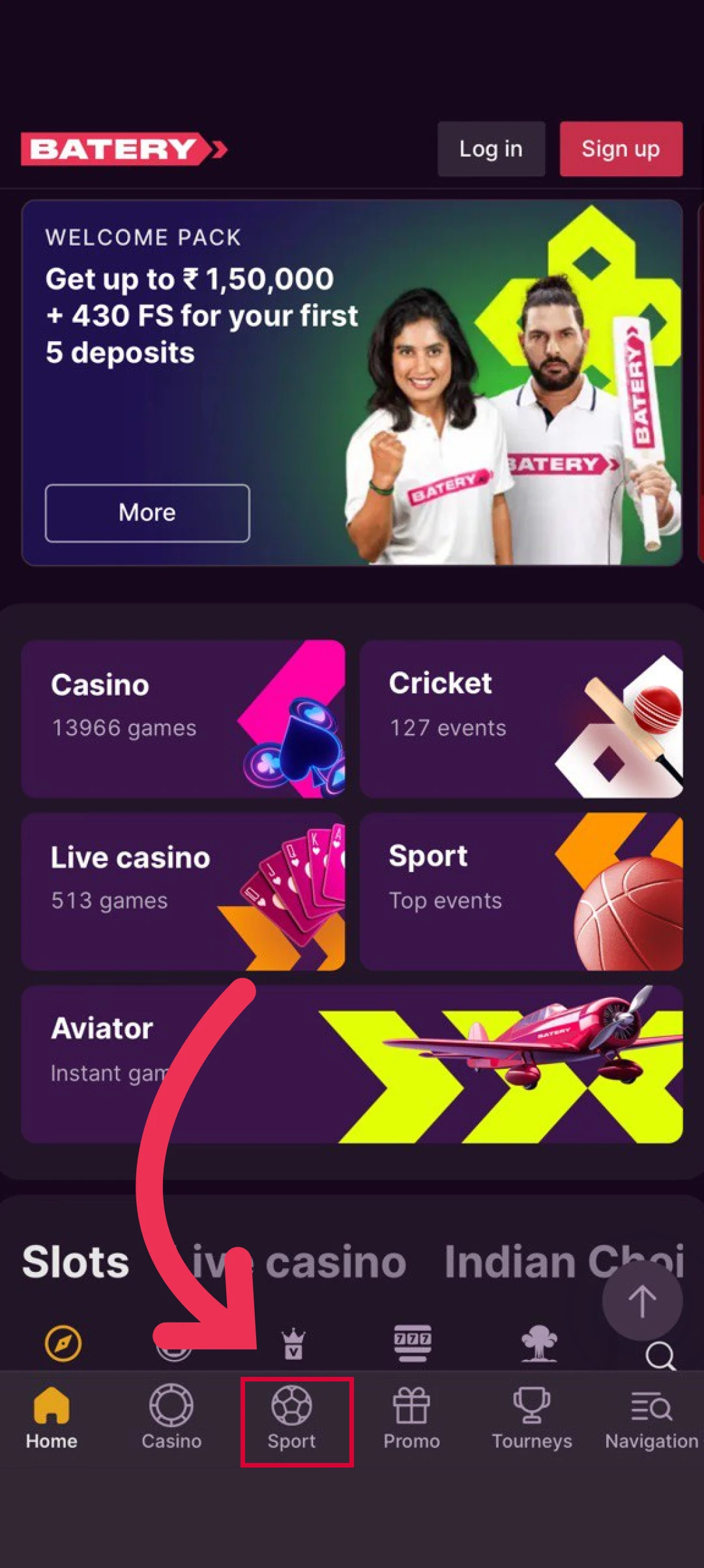 Navigate to the sports betting section on the Batery App.