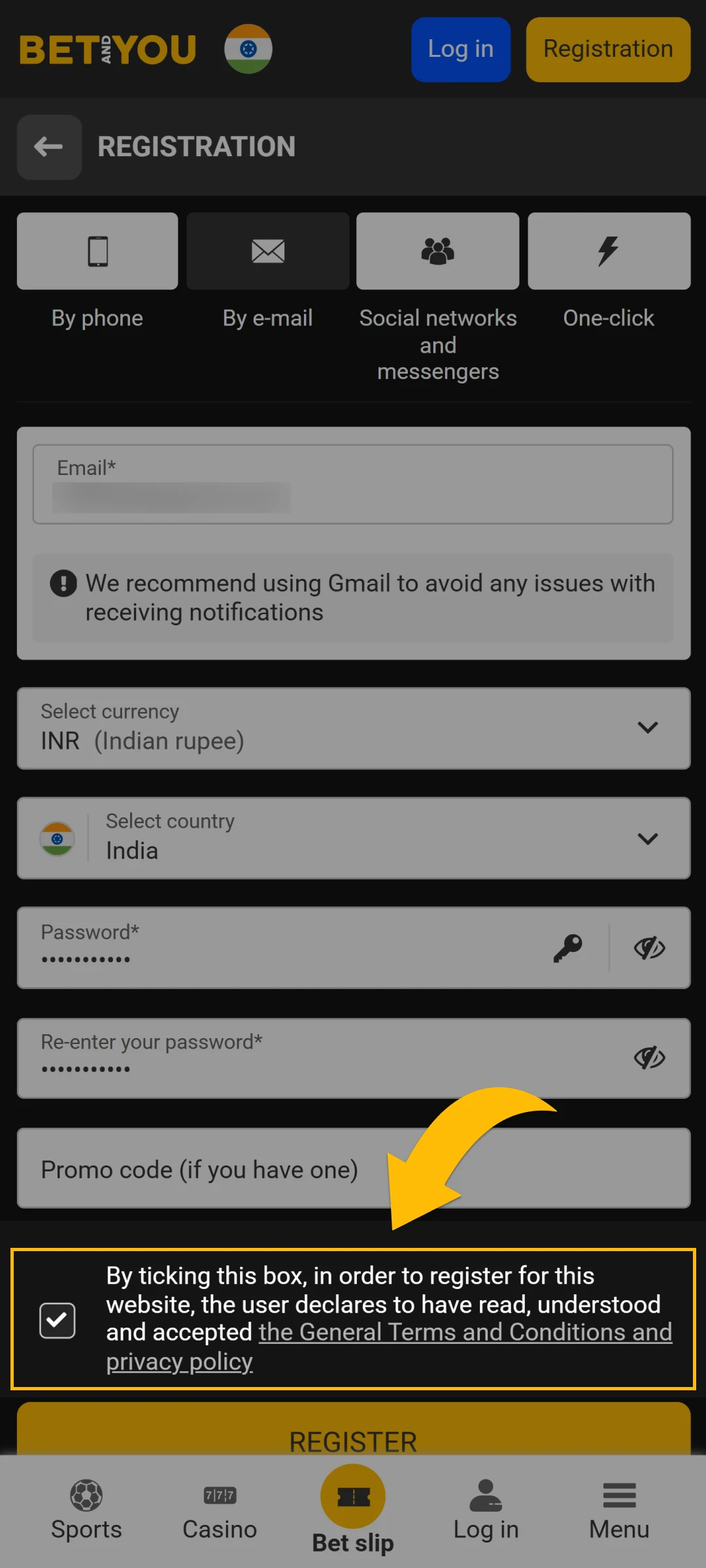 Agree to Betandyou terms and conditions to finish your account setup.