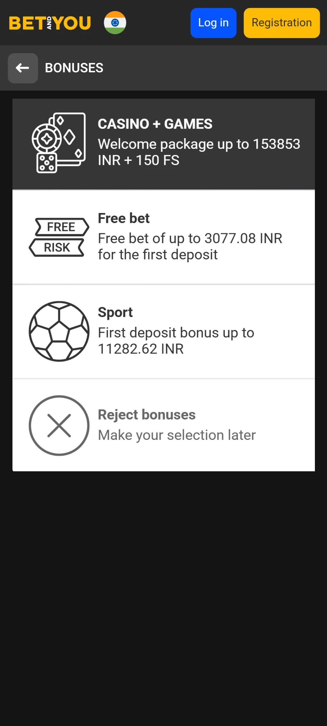 Select your preferred Betandyou welcome bonus during the registration process.