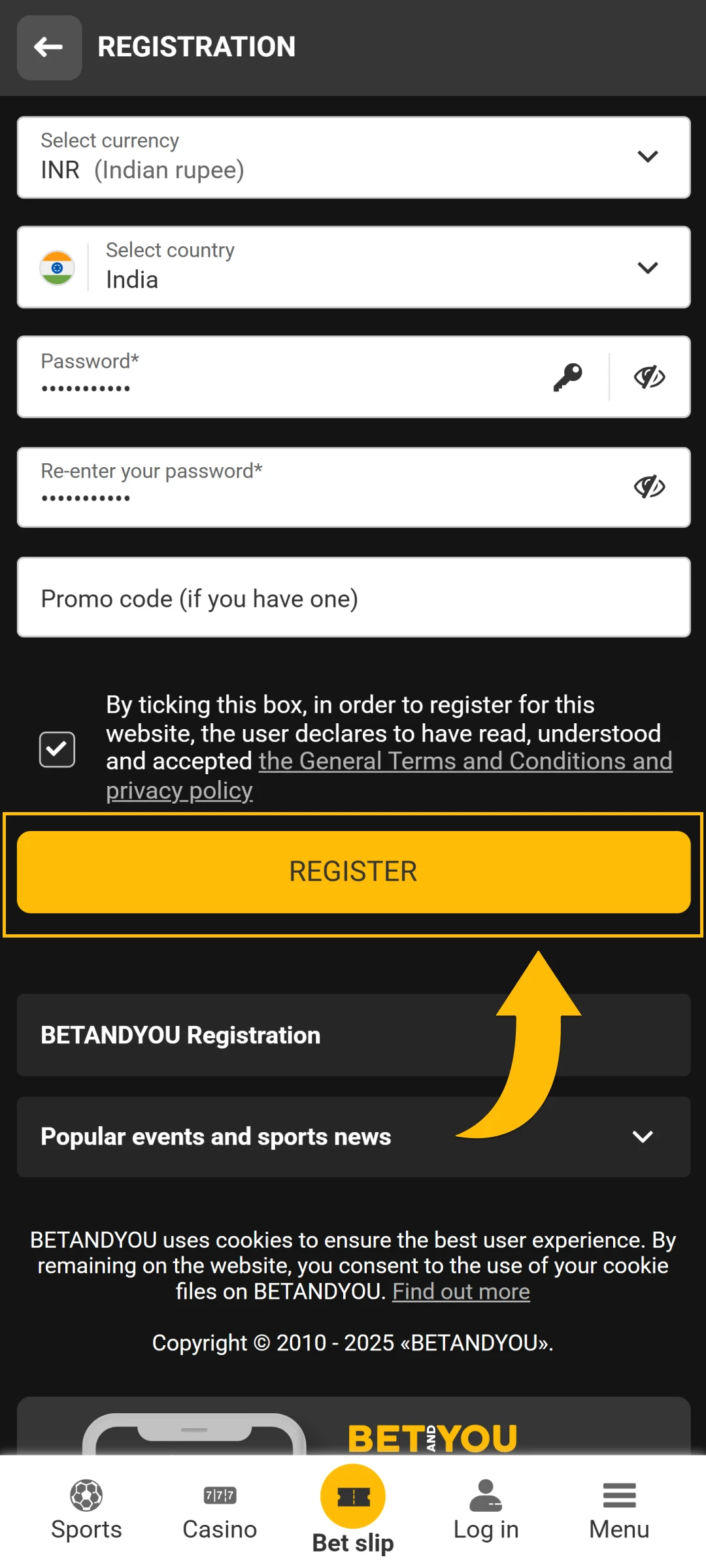 Click the register button to finalize your Betandyou account in India.