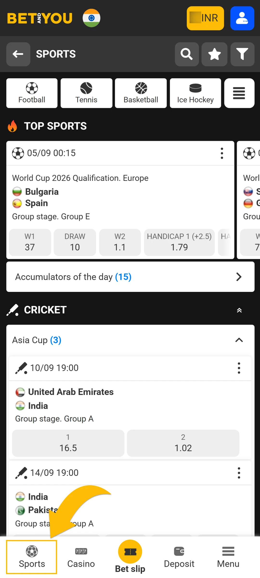 Navigate to the sports or esports betting section on the Betandyou platform.