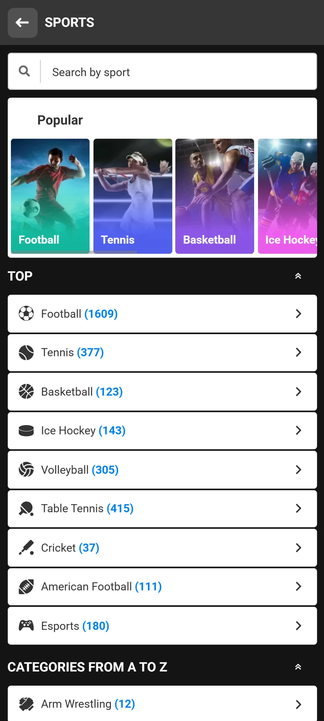 Select your preferred sport from the Betandyou betting menu in India.