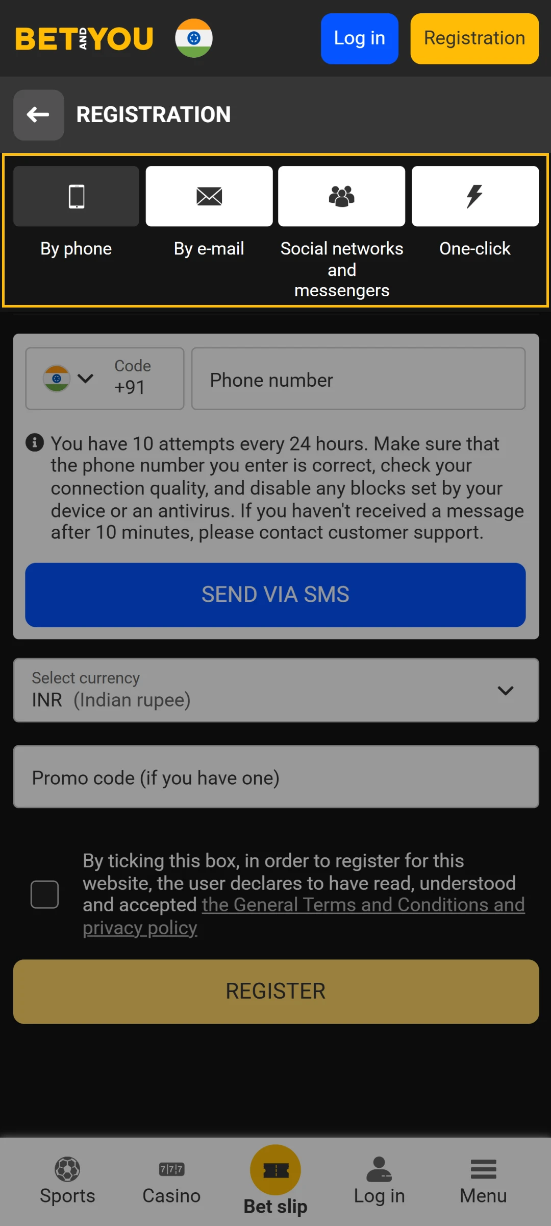 Choose to register with Betandyou via phone or email in India.
