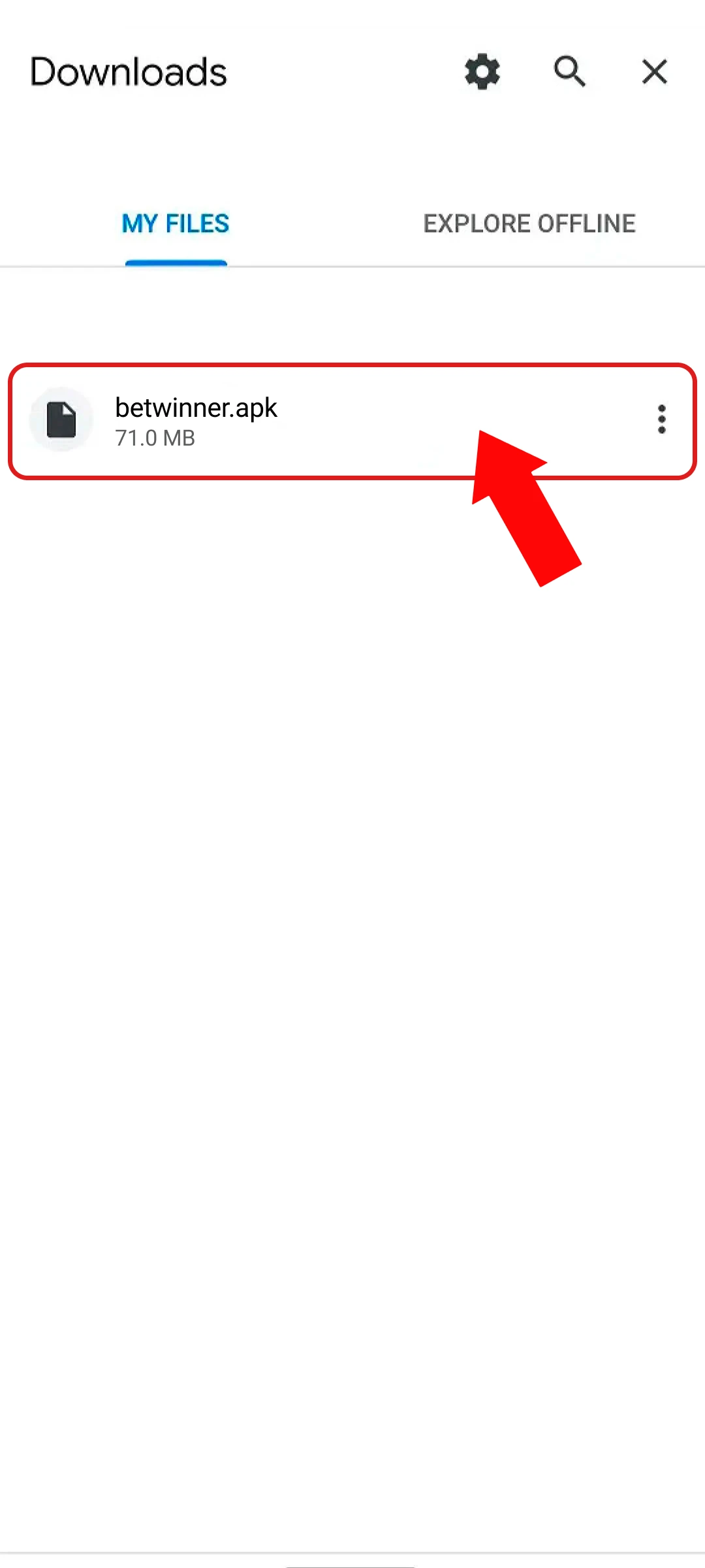 Open the installation file for the Betwinner App on Android.