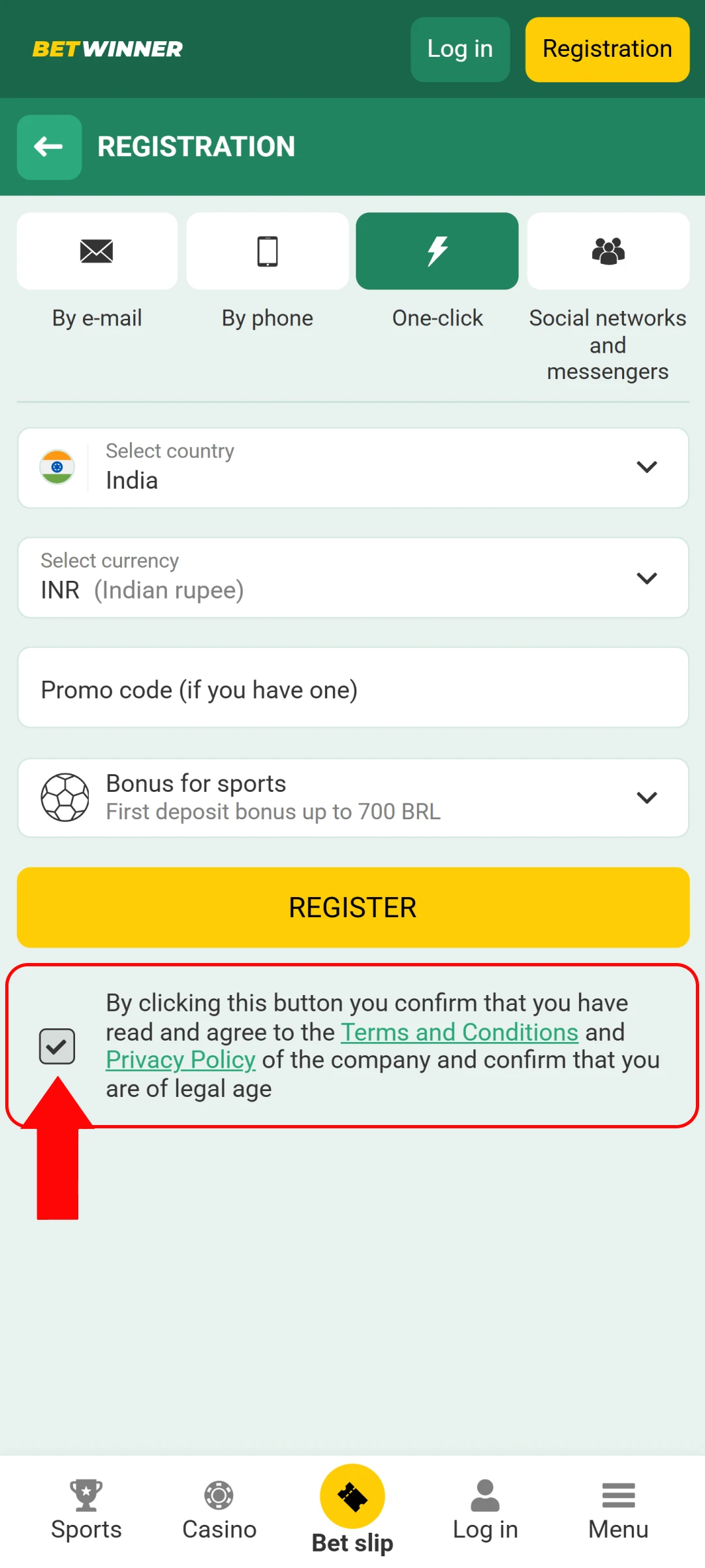 Agree to the terms to activate your secure Betwinner App Account.