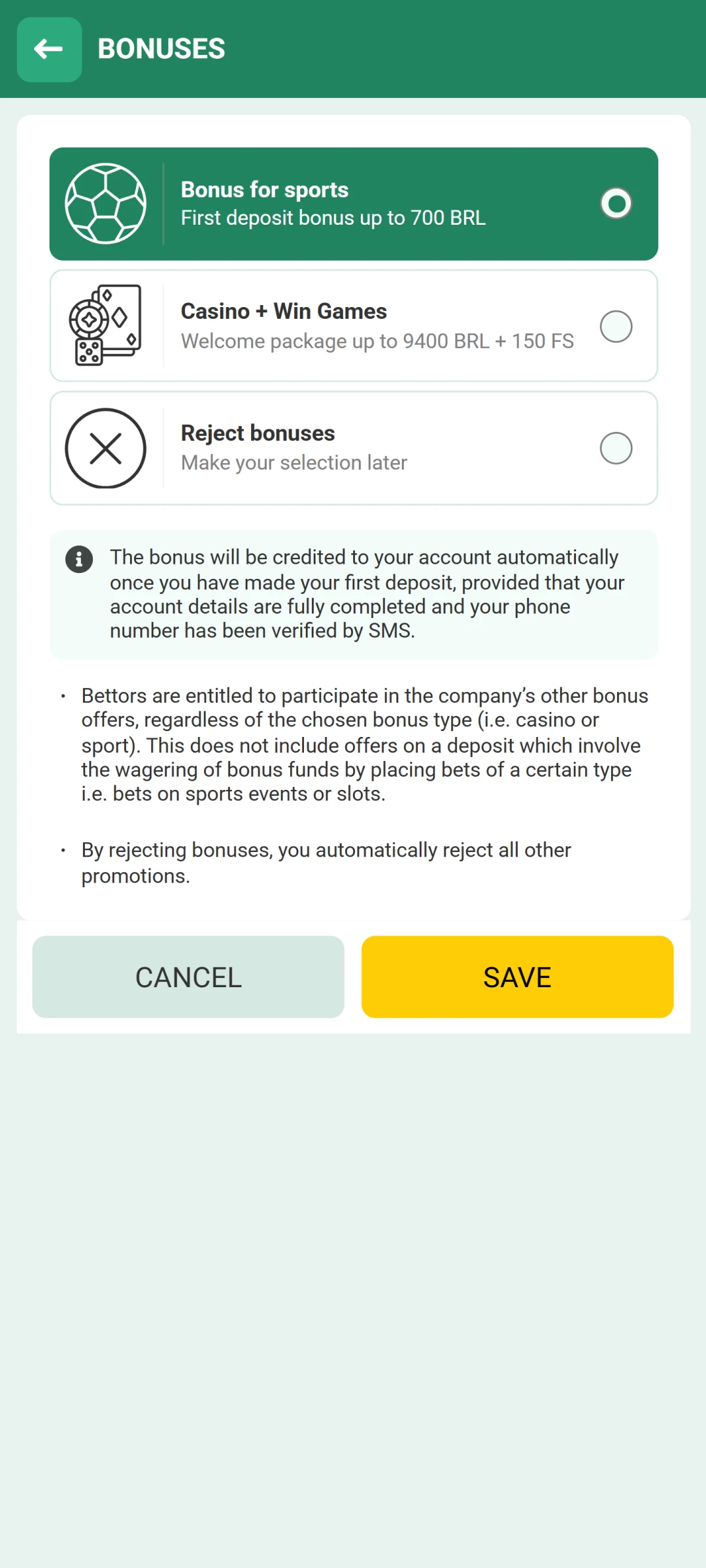 Choose a welcome bonus to fund your Betwinner App Account now.