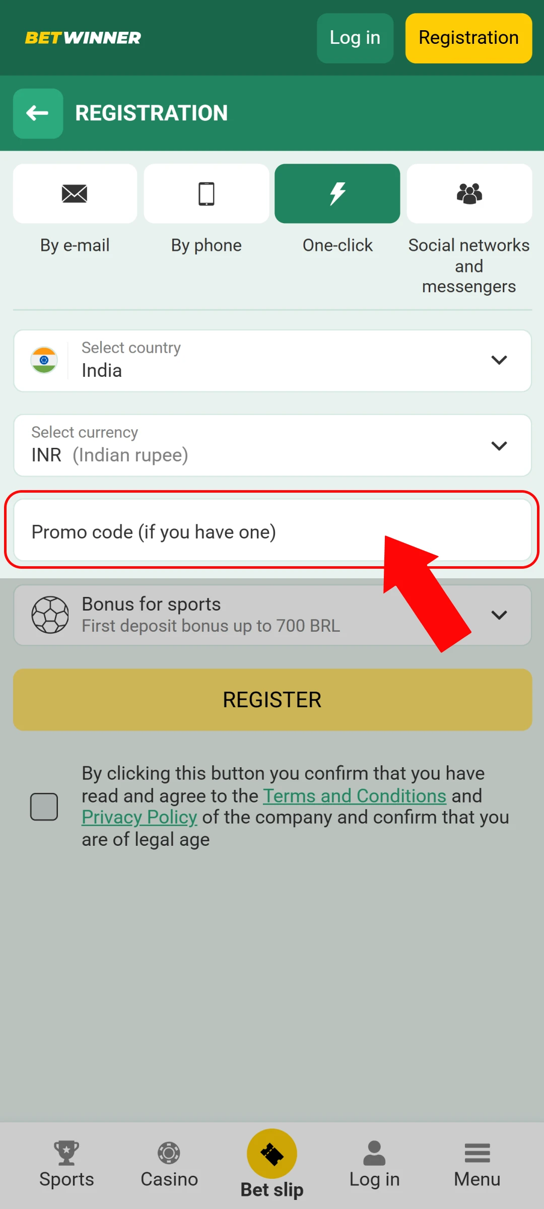 Apply a promo code to verify your official Betwinner App Account.