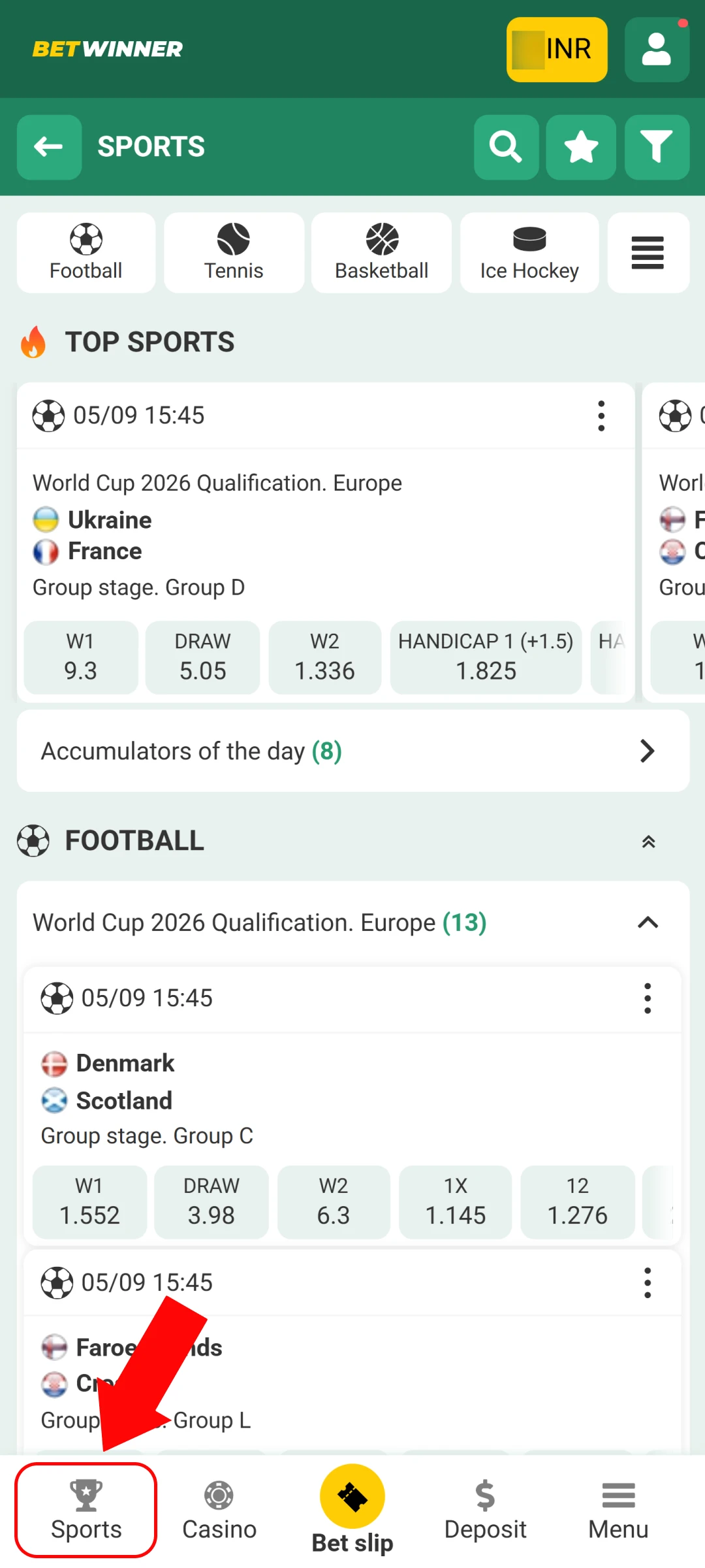 Navigate to the sports section to place a Betwinner App bet.