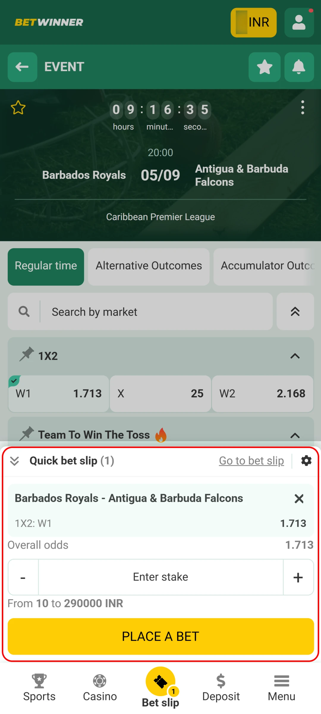 Confirm your wager to place a successful bet on Betwinner App.