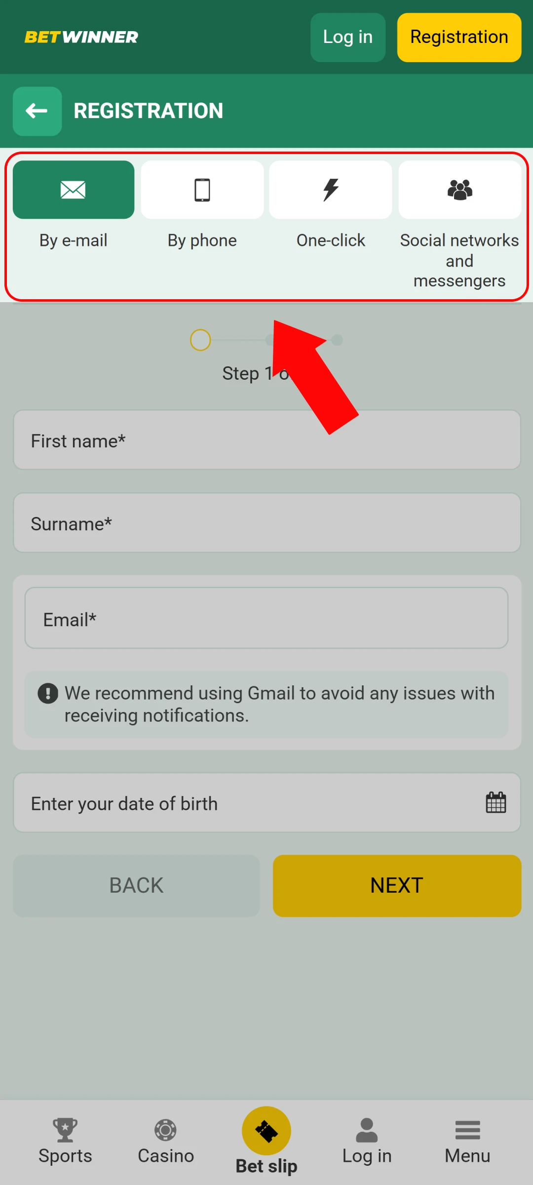 Pick a convenient registration method for your mobile Betwinner App Account.
