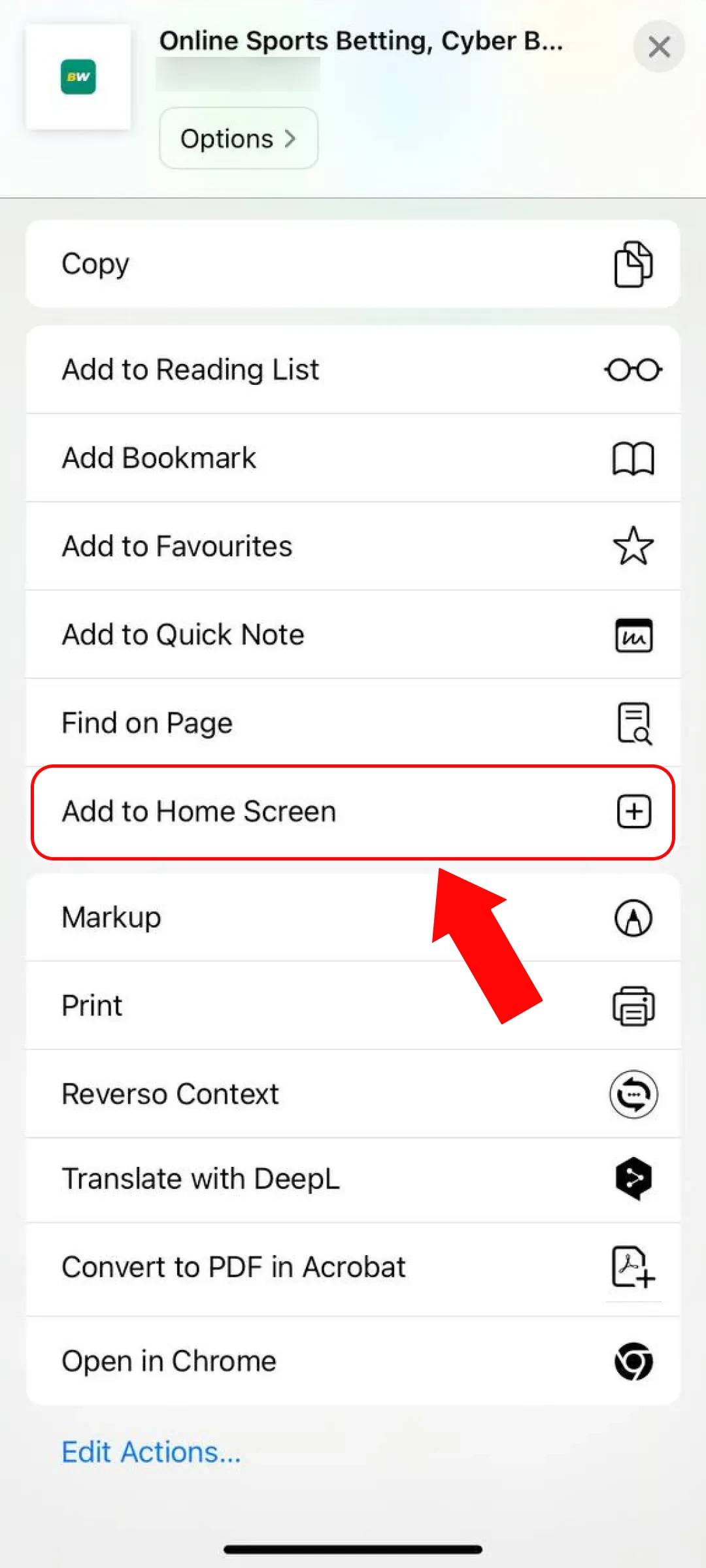 Select add to home screen for the Betwinner App on iOS.