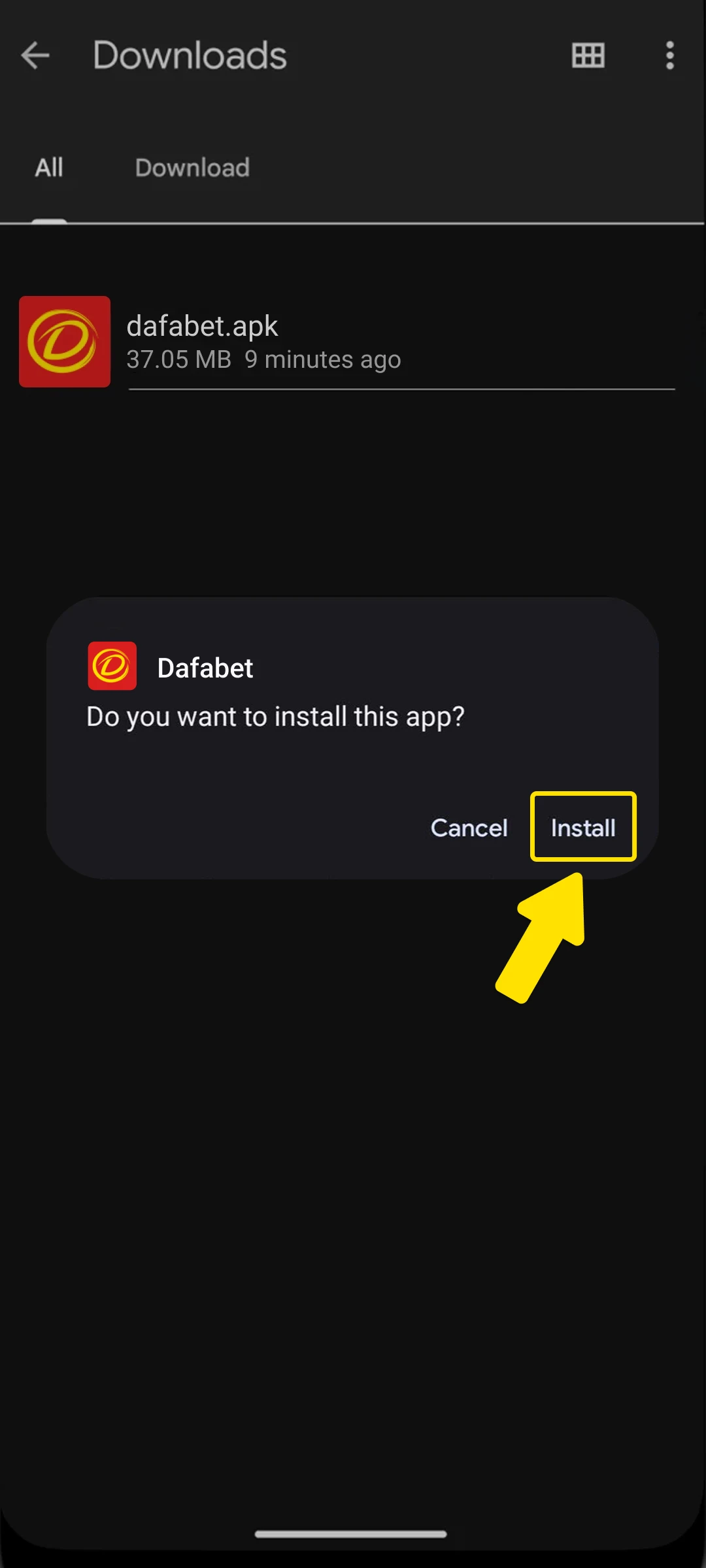 Click install to start using the Dafabet Android App for betting.