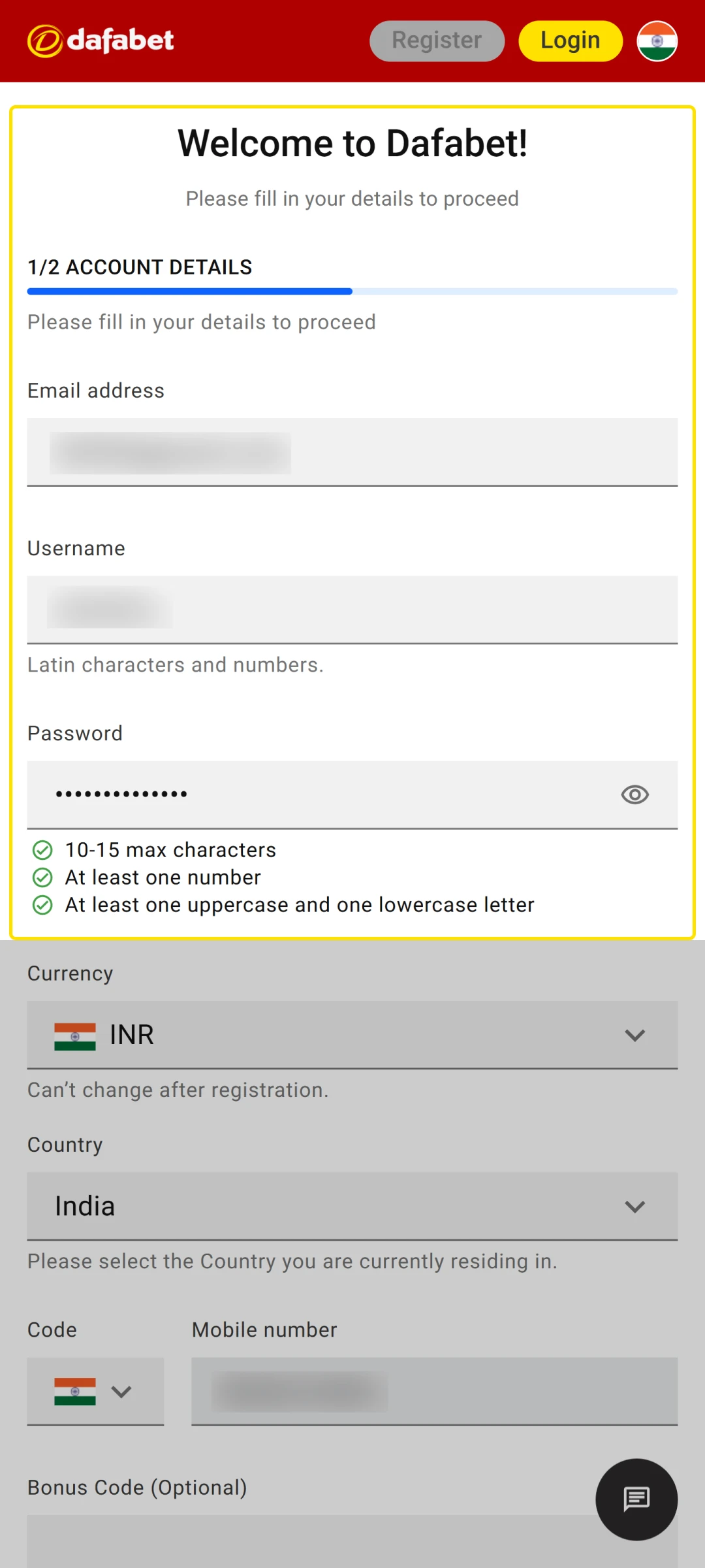 Enter your email and username to join the Dafabet App.