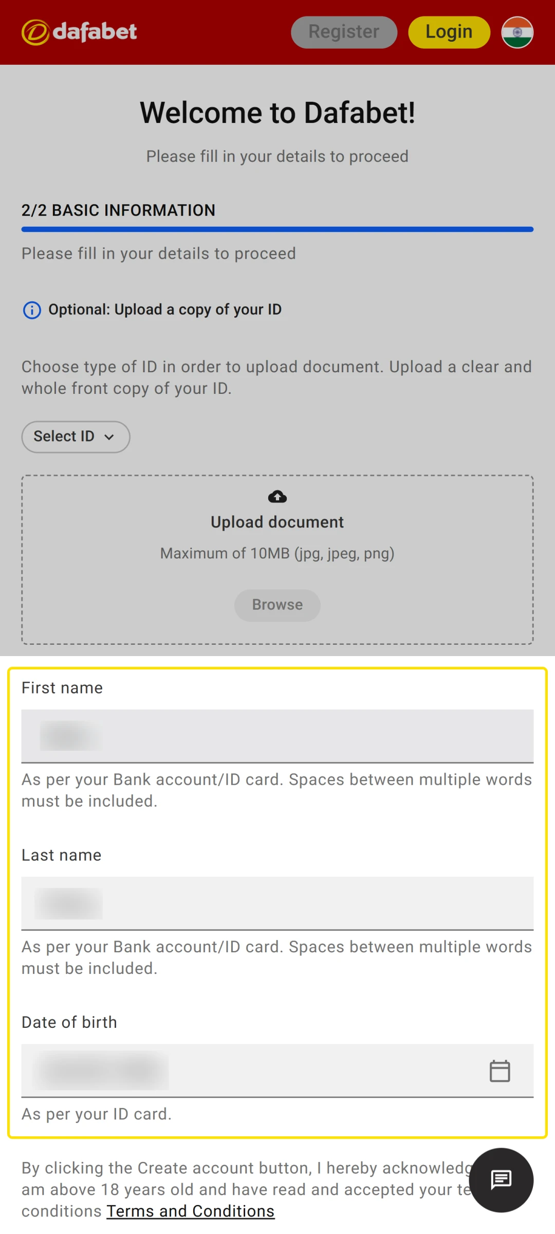Provide your personal details to join the Dafabet App in India.