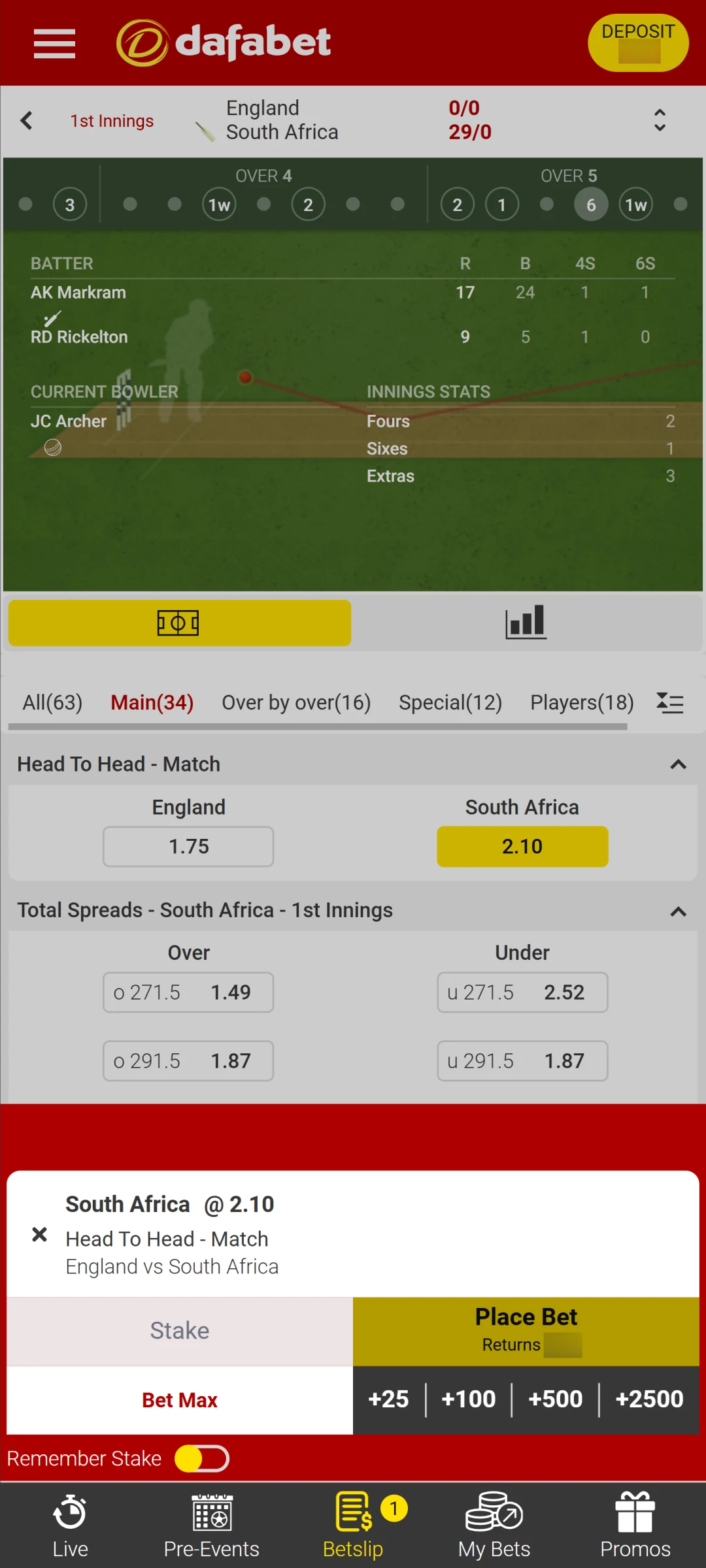 Confirm your stake for placing bets on the Dafabet App.