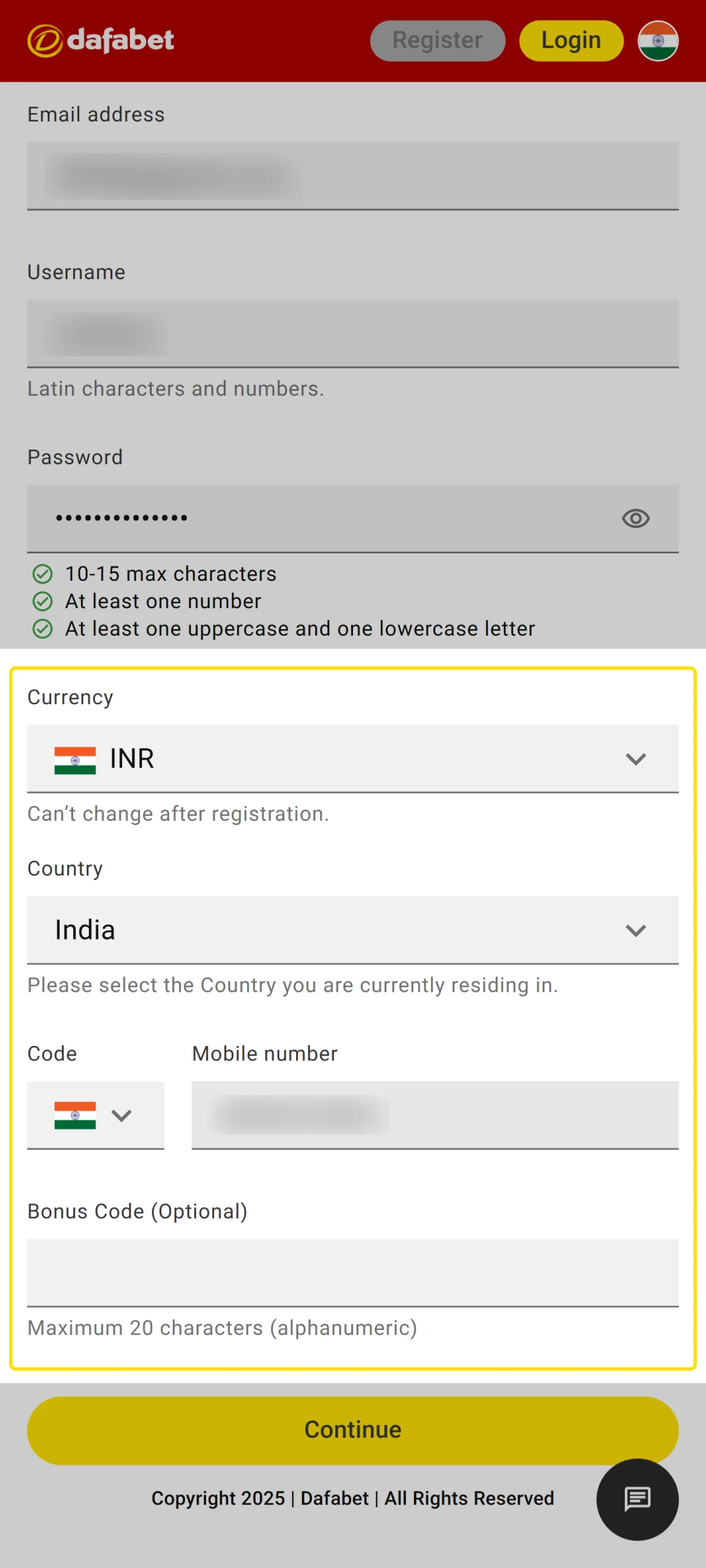 Choose your country and currency to join the Dafabet App now.