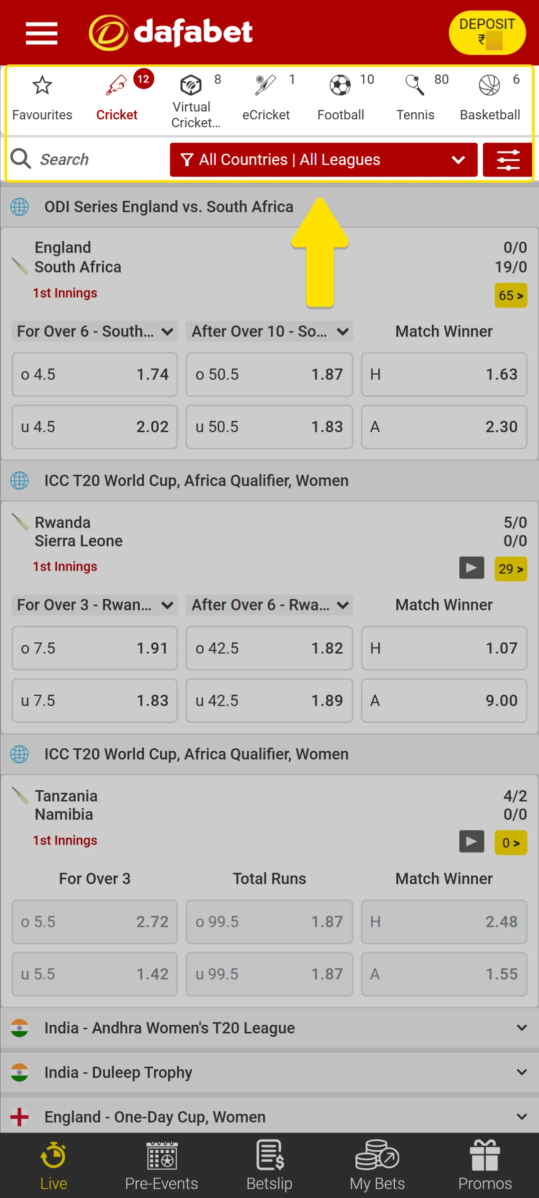 Select your preferred sport for placing bets on Dafabet.