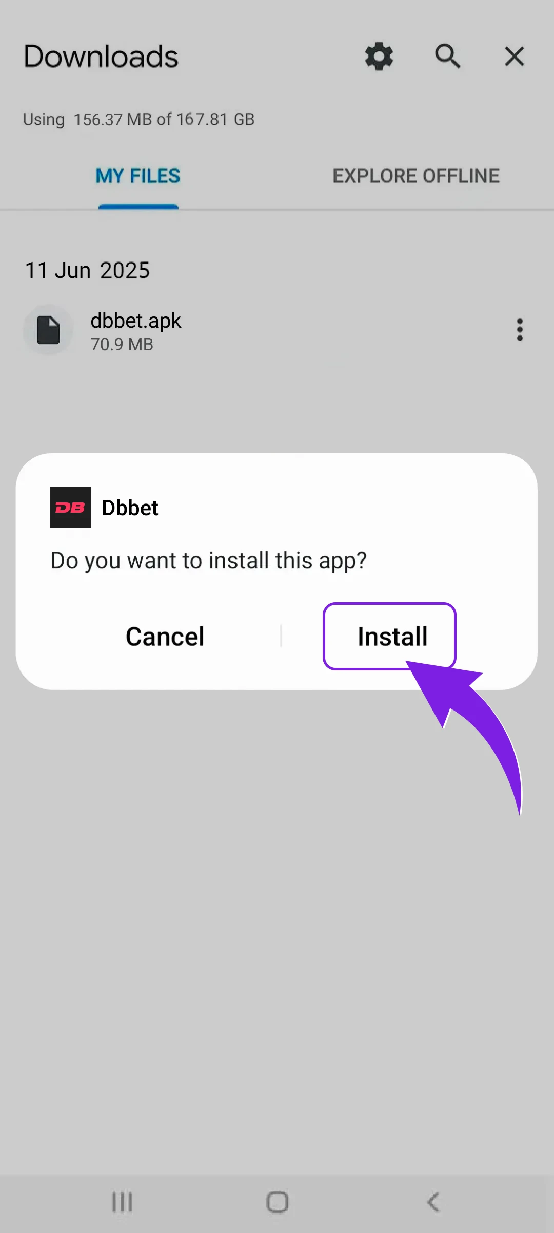 Tap the install button to begin using the DBBet App Android.