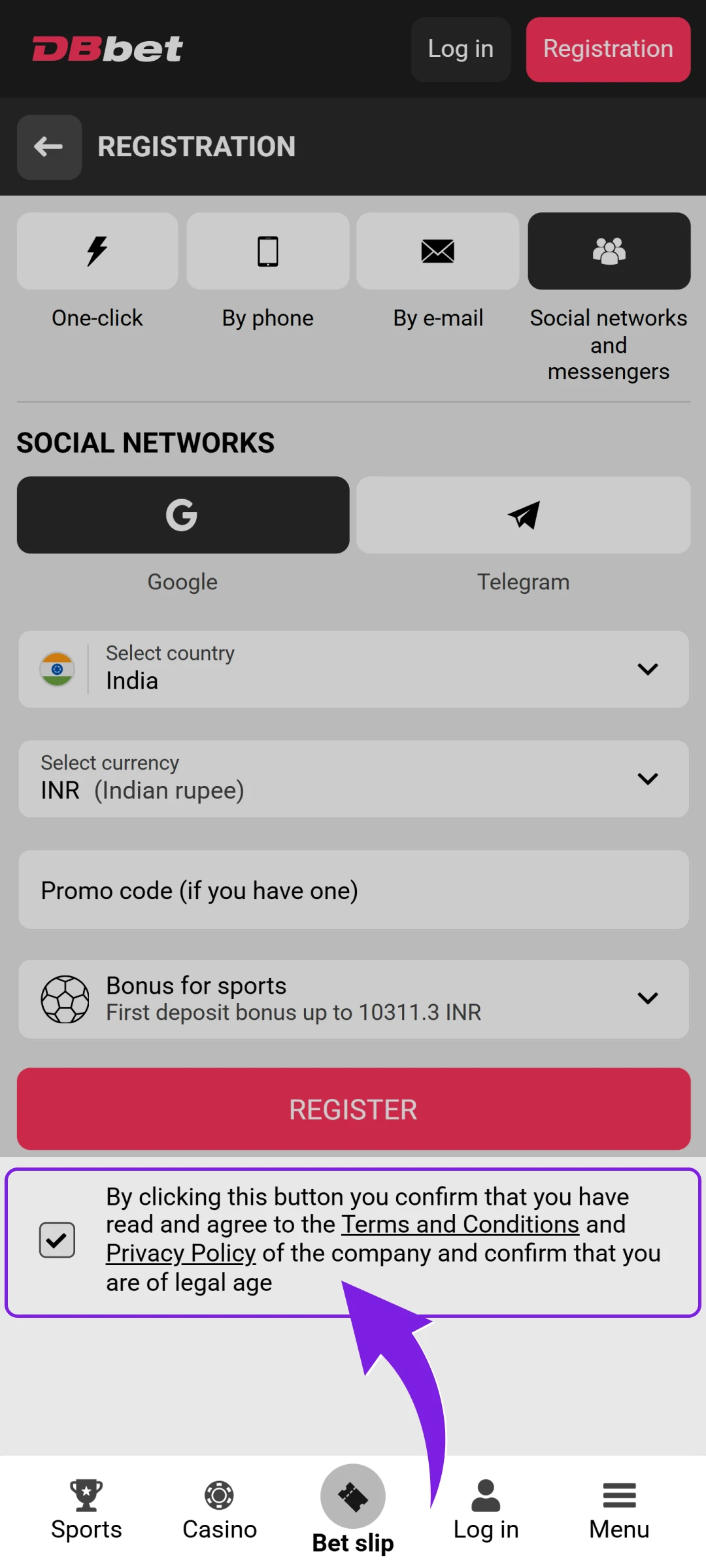 Accept the terms and conditions for your official Dbbet App account.