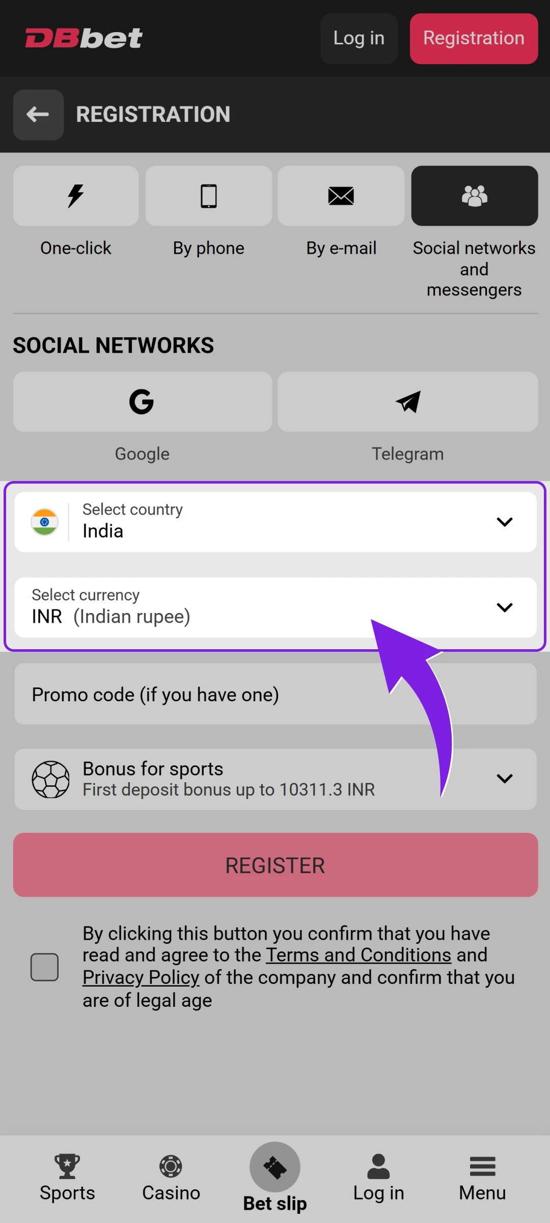Select India and your local currency for your Dbbet App account.