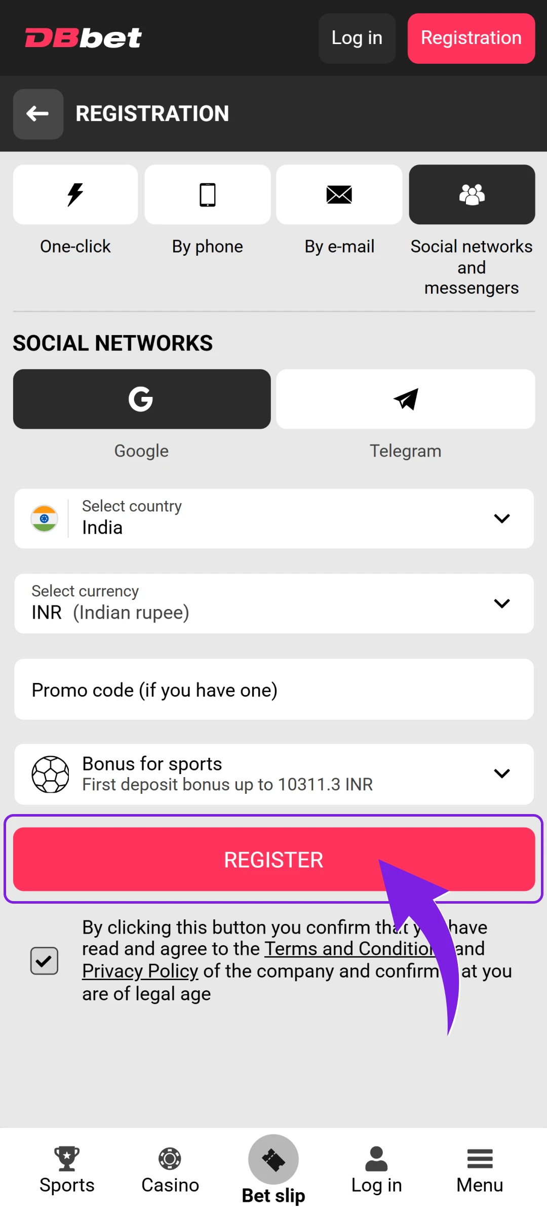 Click the register button to activate your Dbbet App account today.