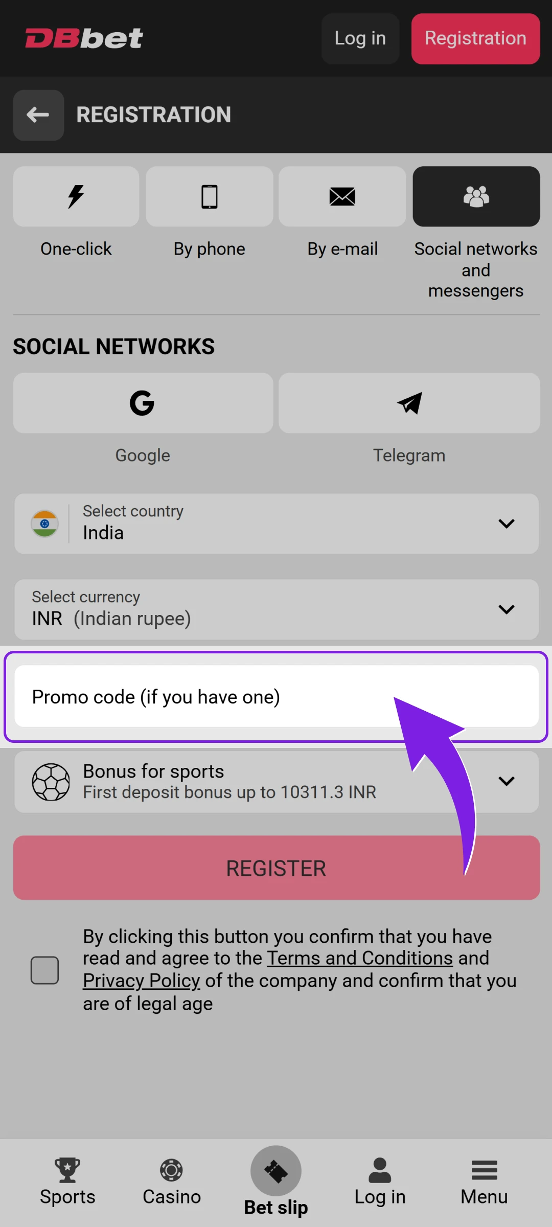 Enter a promo code during your Dbbet App account registration now.