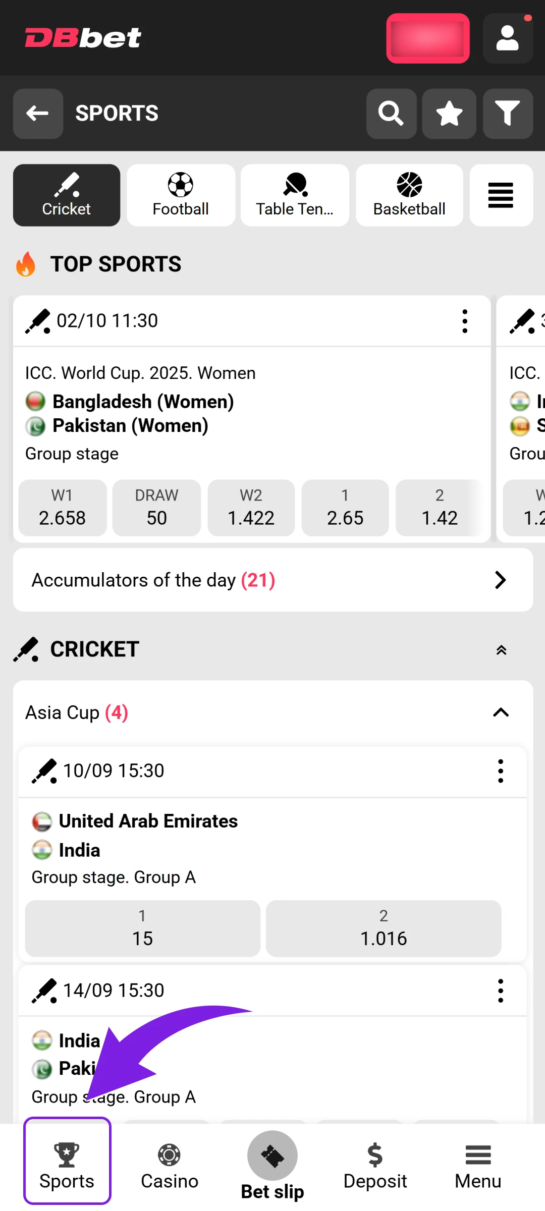 Select a sport and place your bet on Dbbet App.