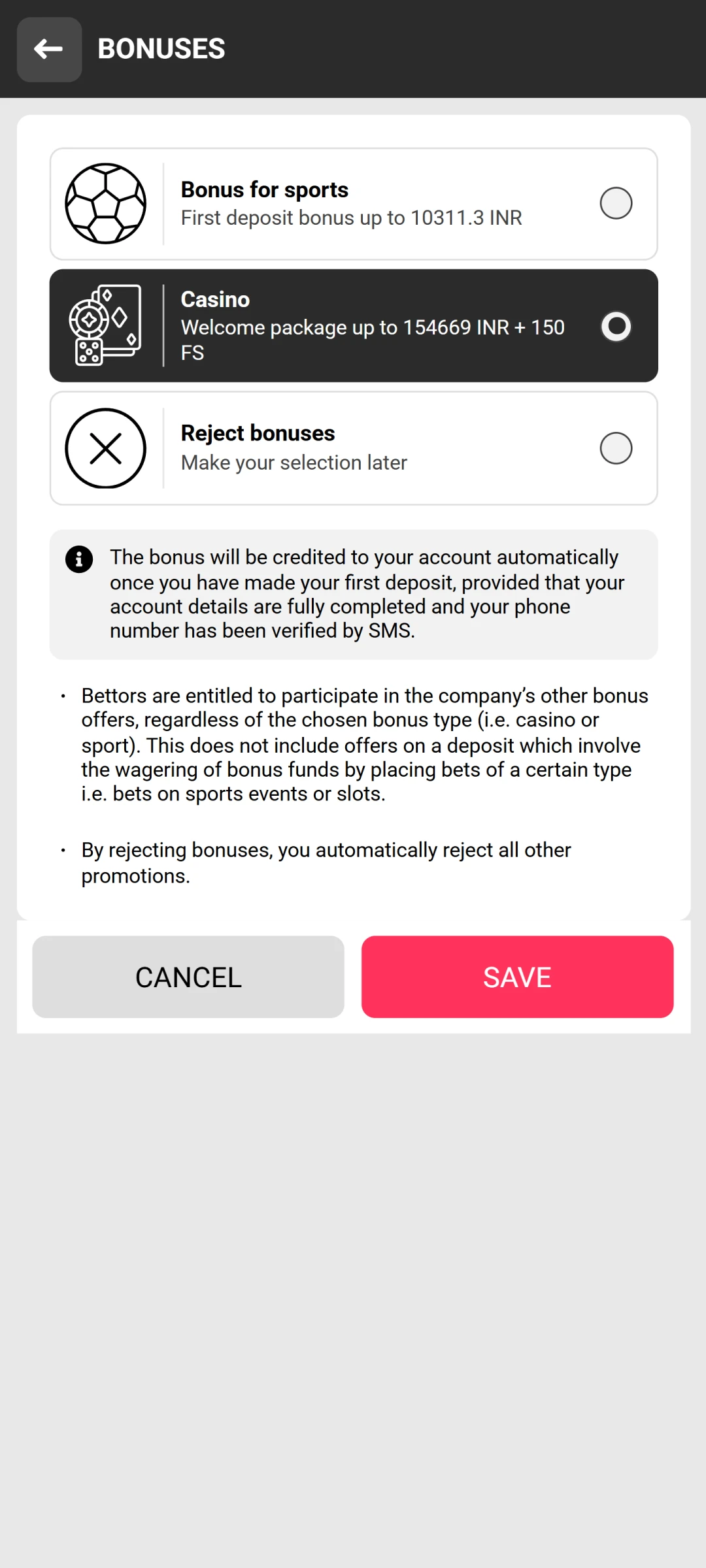 Select a welcome bonus for your Dbbet App account and play.