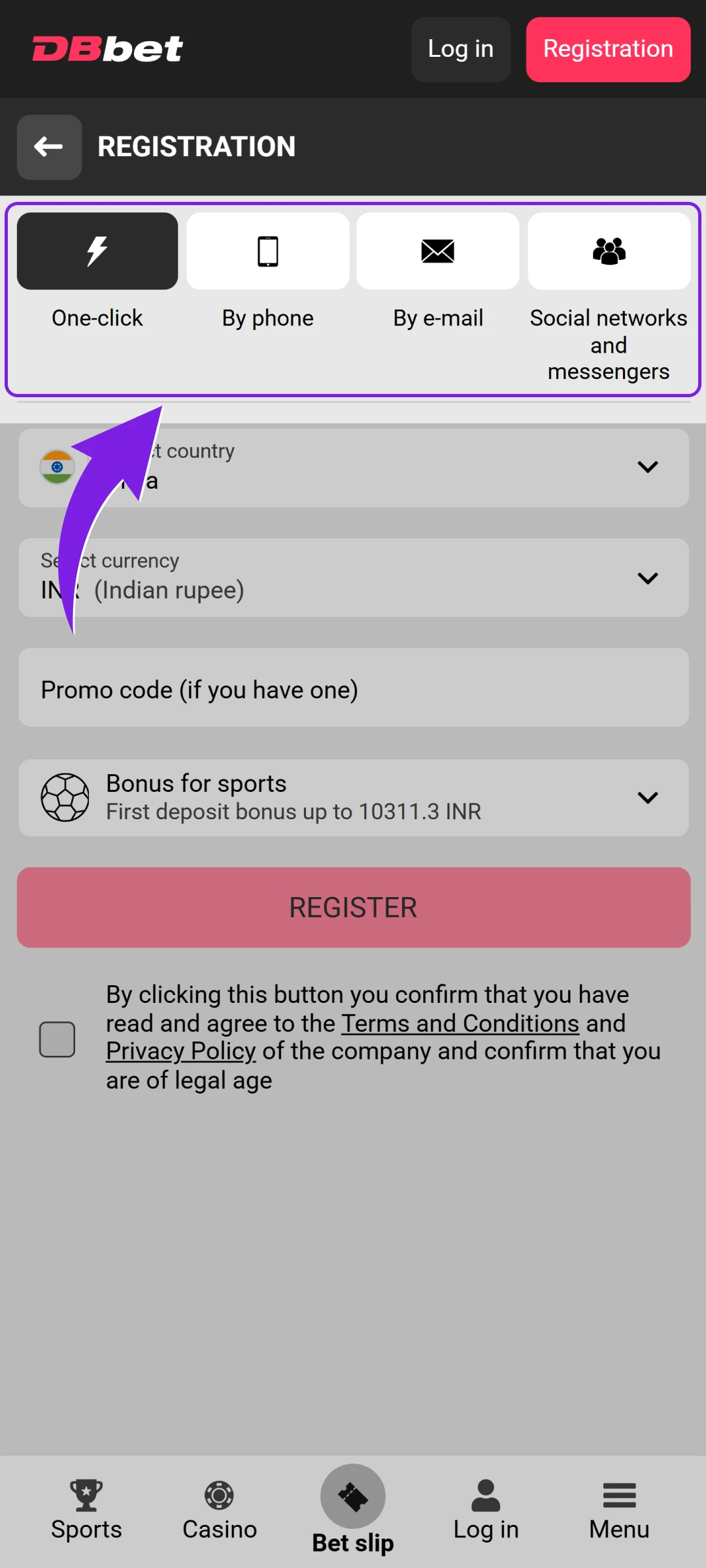Choose a registration method to open your new Dbbet App account.