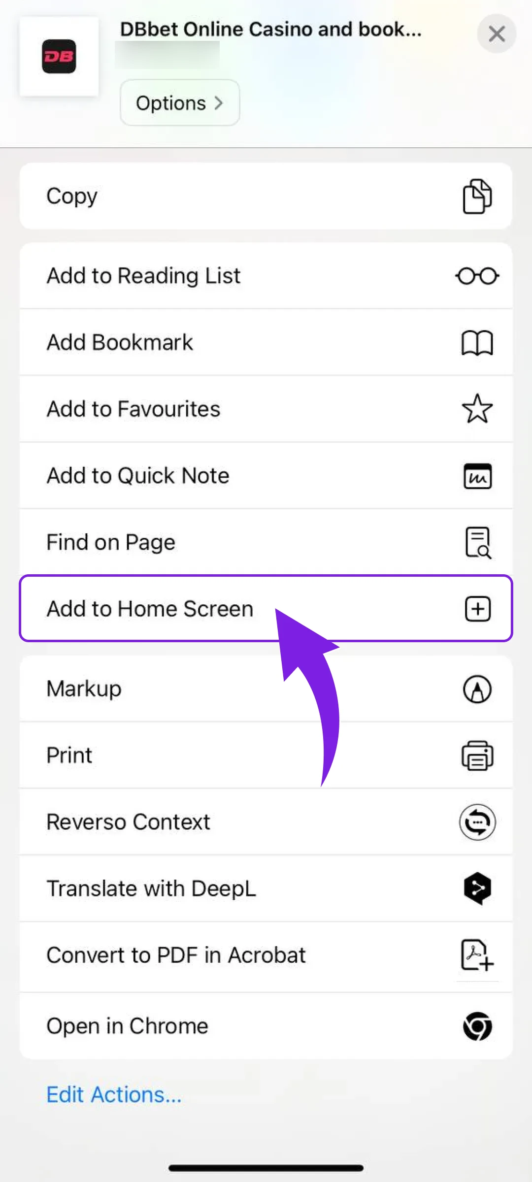 Choose add to home screen for the Dbbet App on iOS.