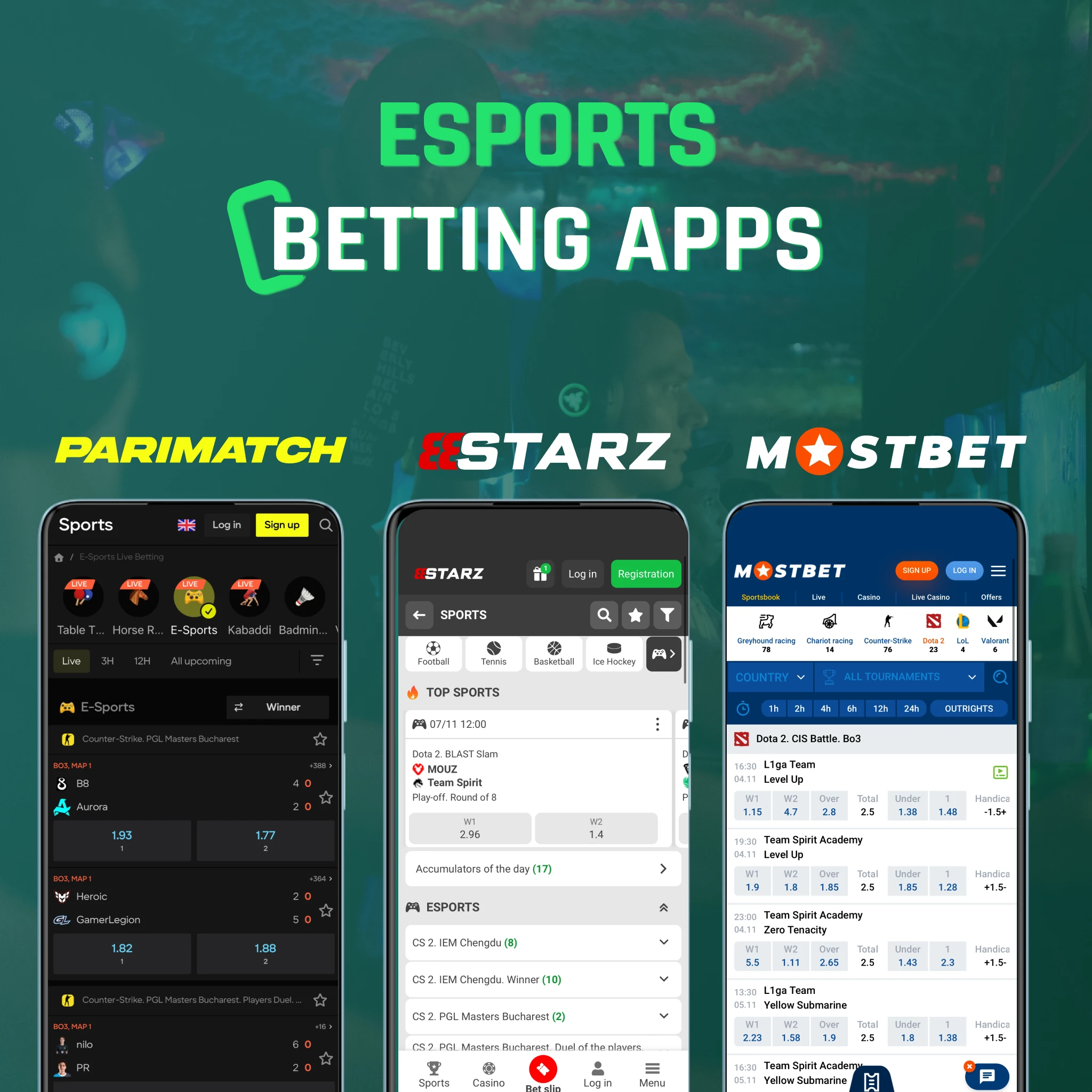 Parimatch, 8Starz and Mostbet esports betting apps interface India