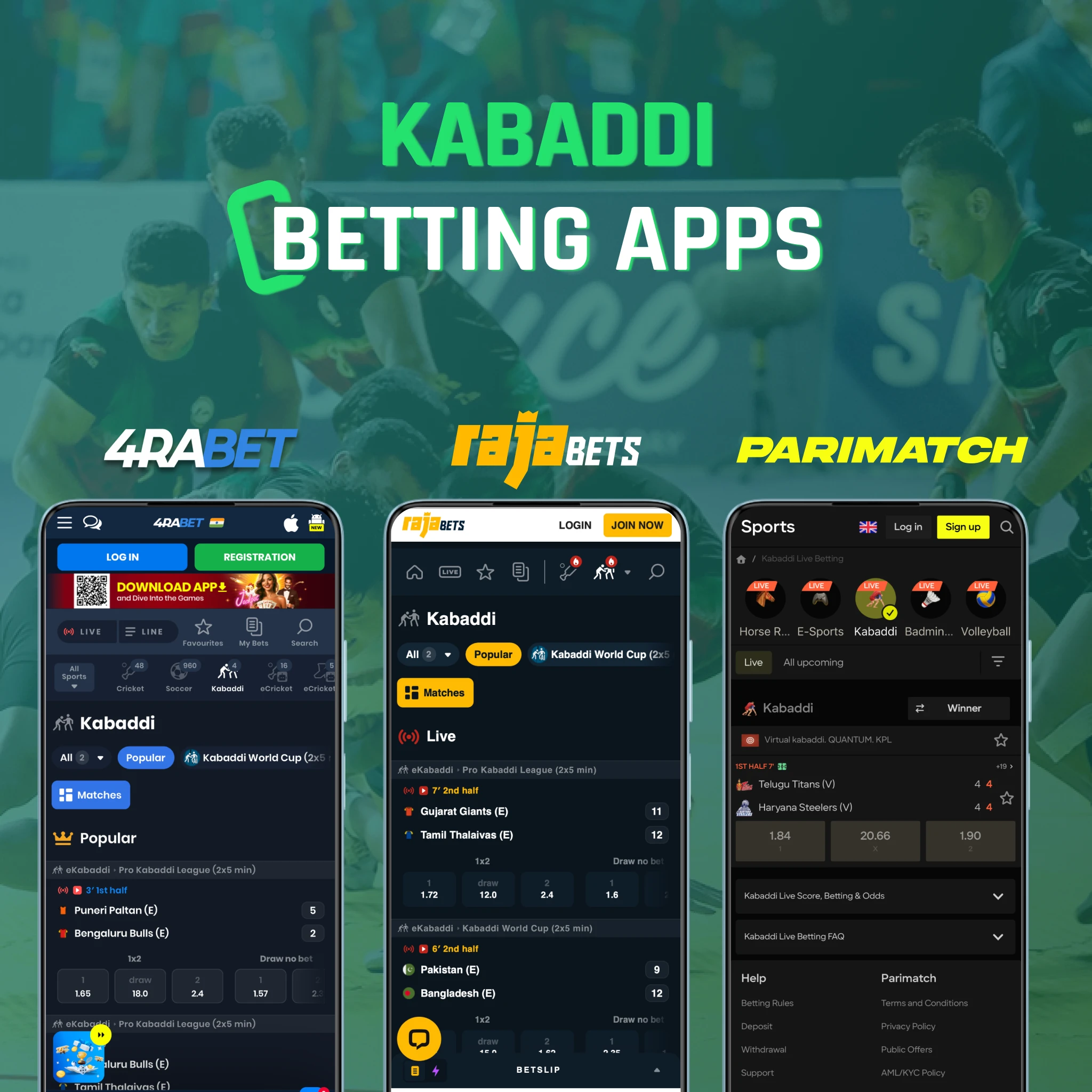 Best kabaddi betting apps India [year] - Rajabets, 4rabet, Parimatch with PKL raid points, tackle stats, team win markets