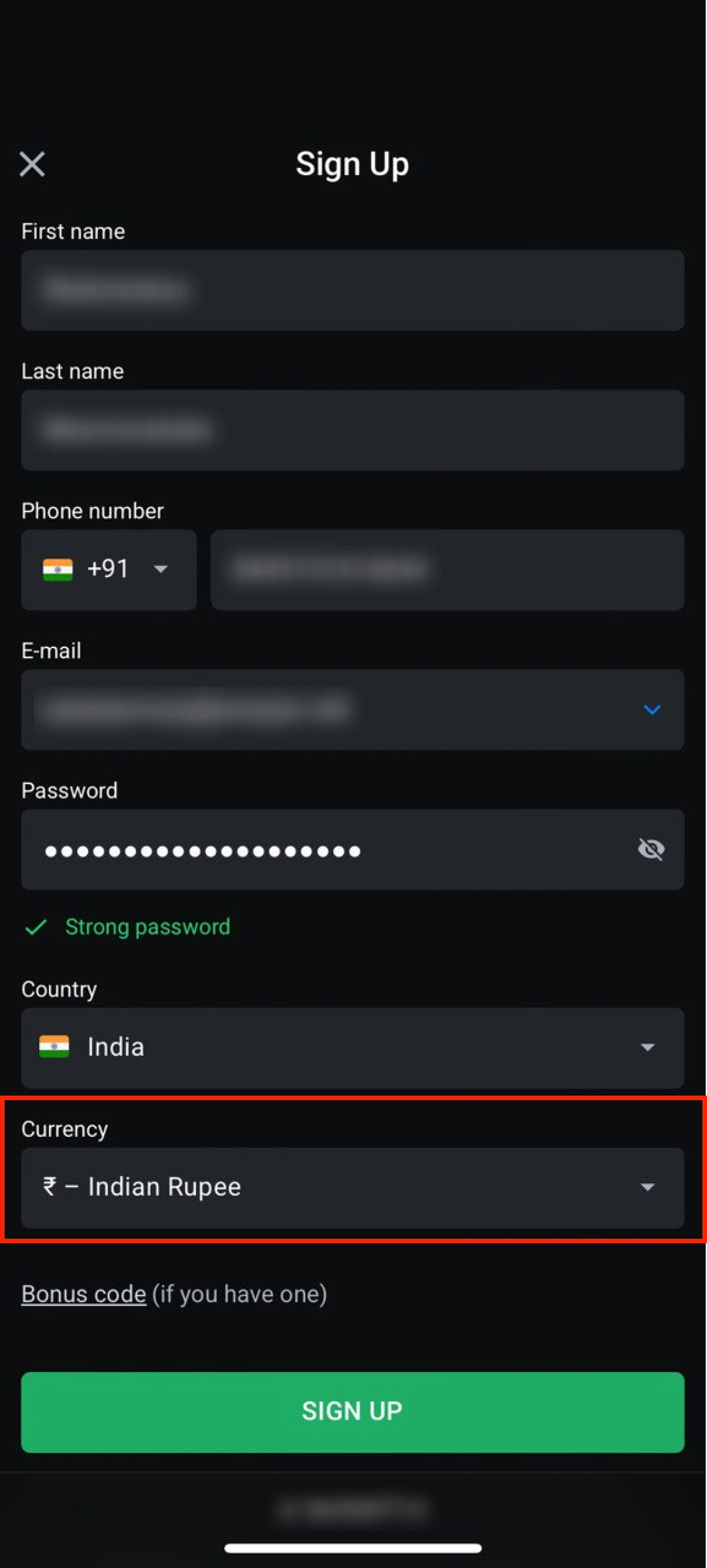 Select INR currency for your mobile Leon App betting account.