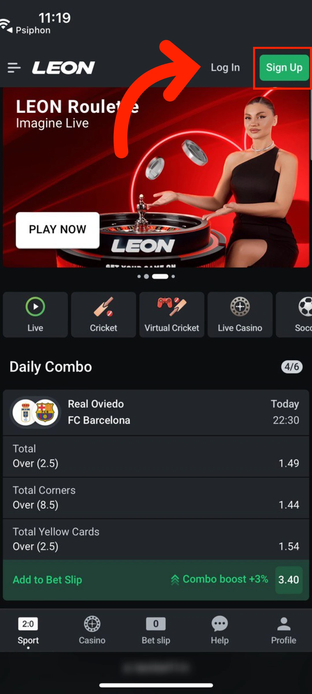 Open the official site and tap sign up for Leon App.