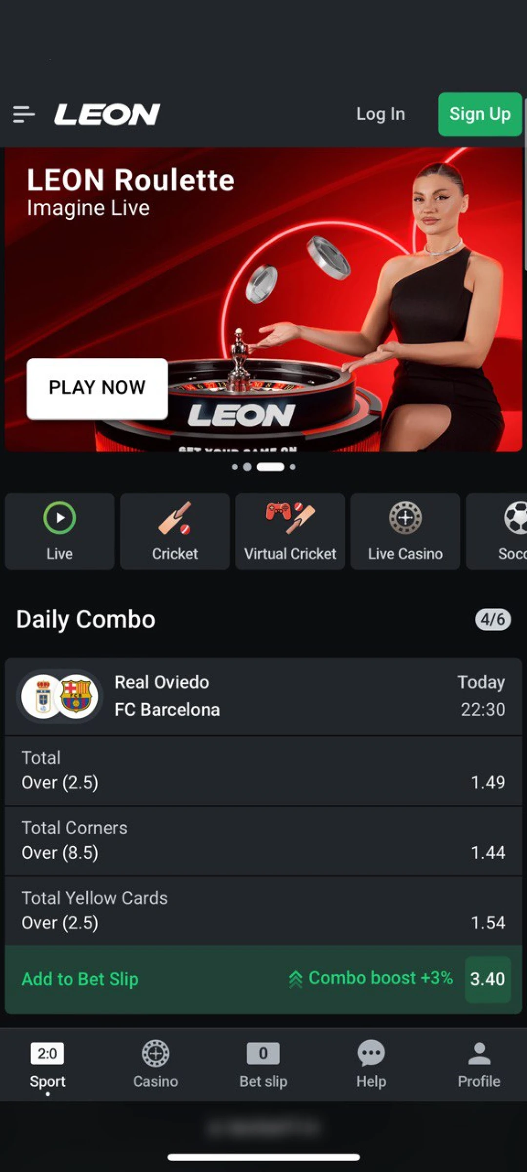 Log in to the official Leon App to start betting online.