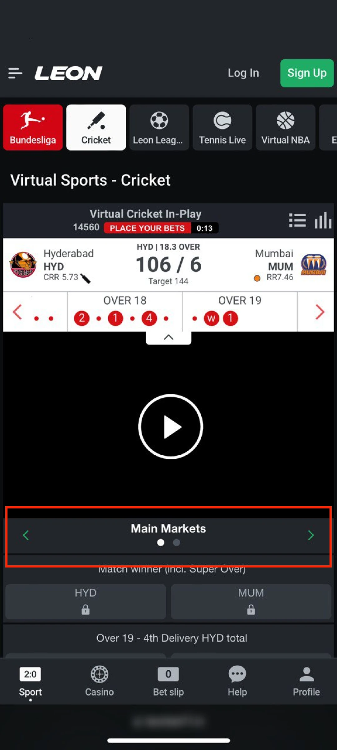 Explore various sports markets within the Leon App mobile dashboard.