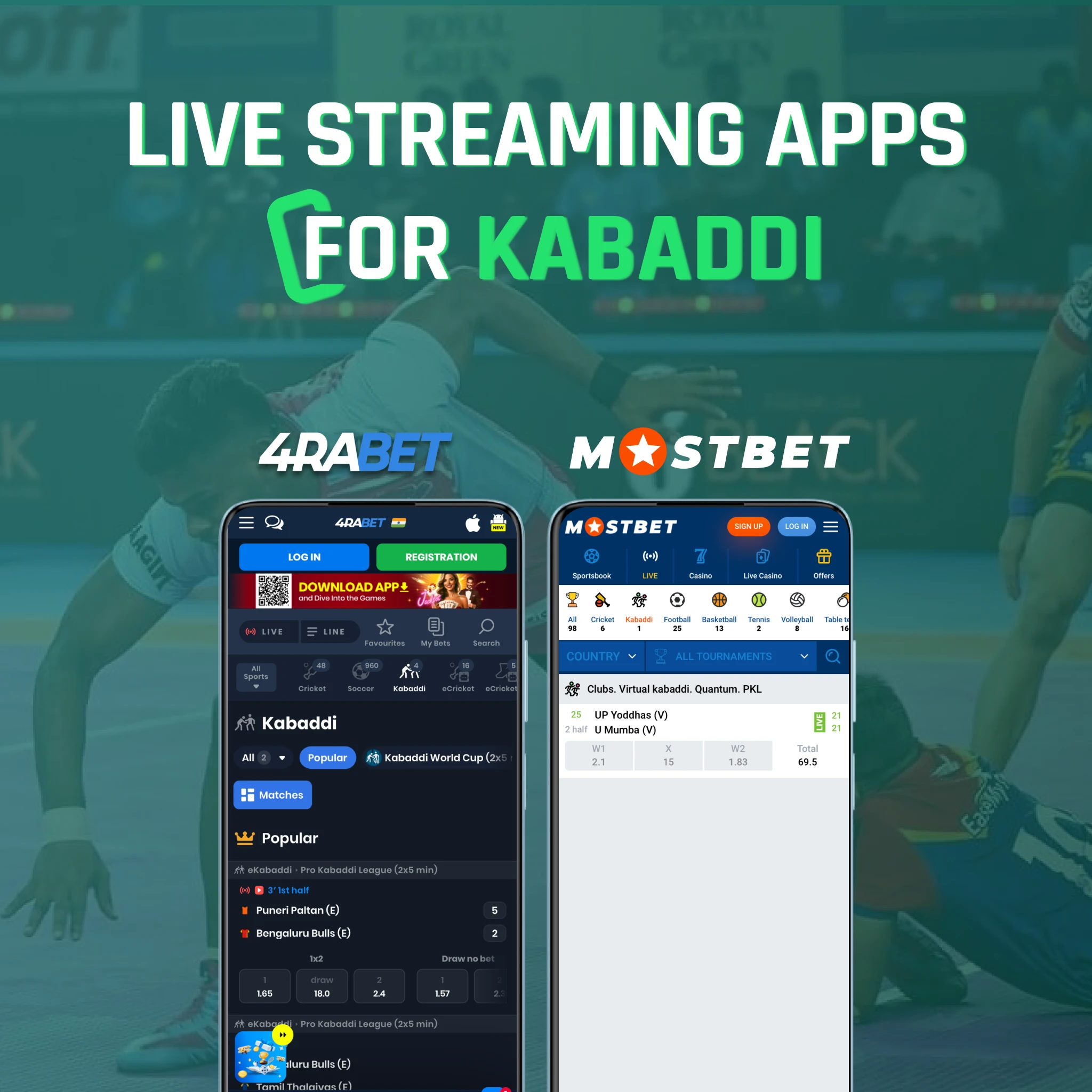 Best Kabaddi apps with live video - 4rabet 700% up to 20k, Mostbet 125%+FS, both require funded INR for HD streams