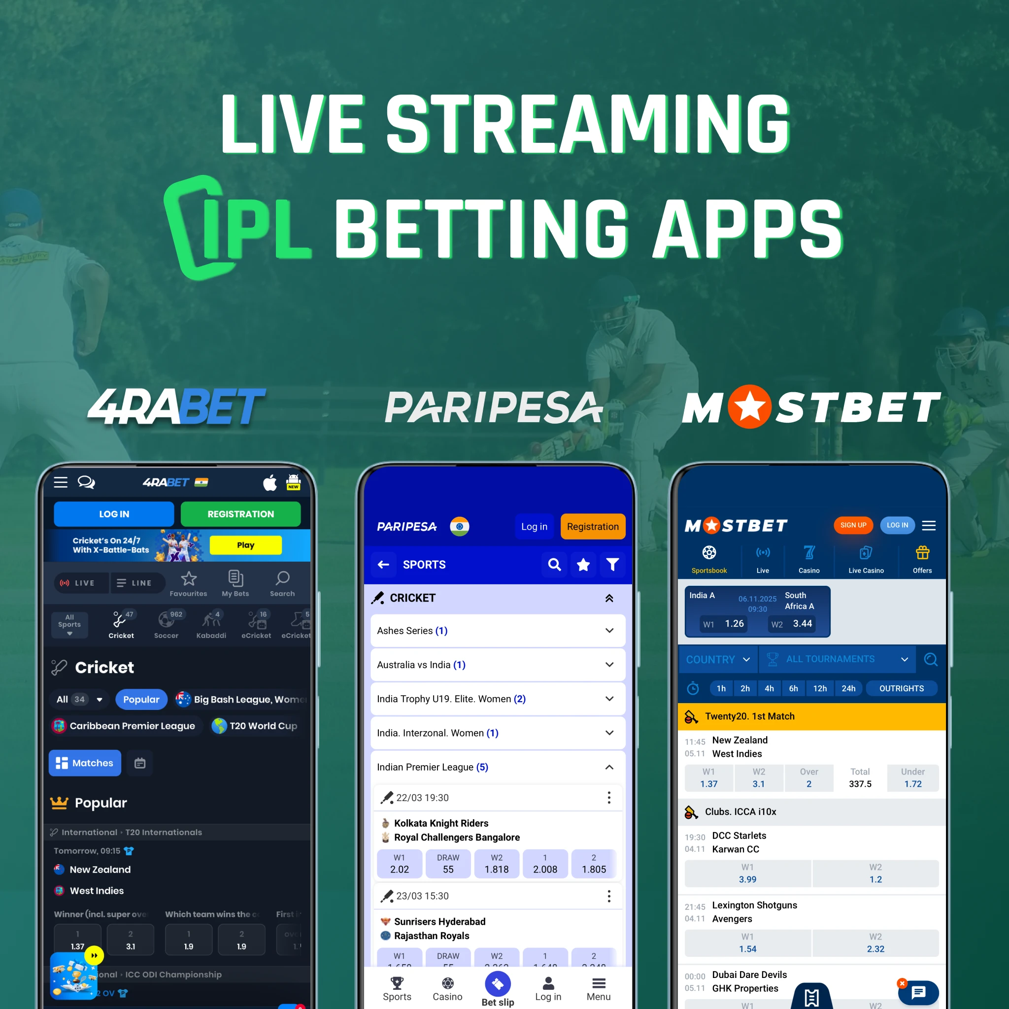 4rabet vs Paripesa vs Mostbet IPL streams - 4rabet 700% multi-bonus, Paripesa 100% single, Mostbet 125%+FS, all with funded access requirement