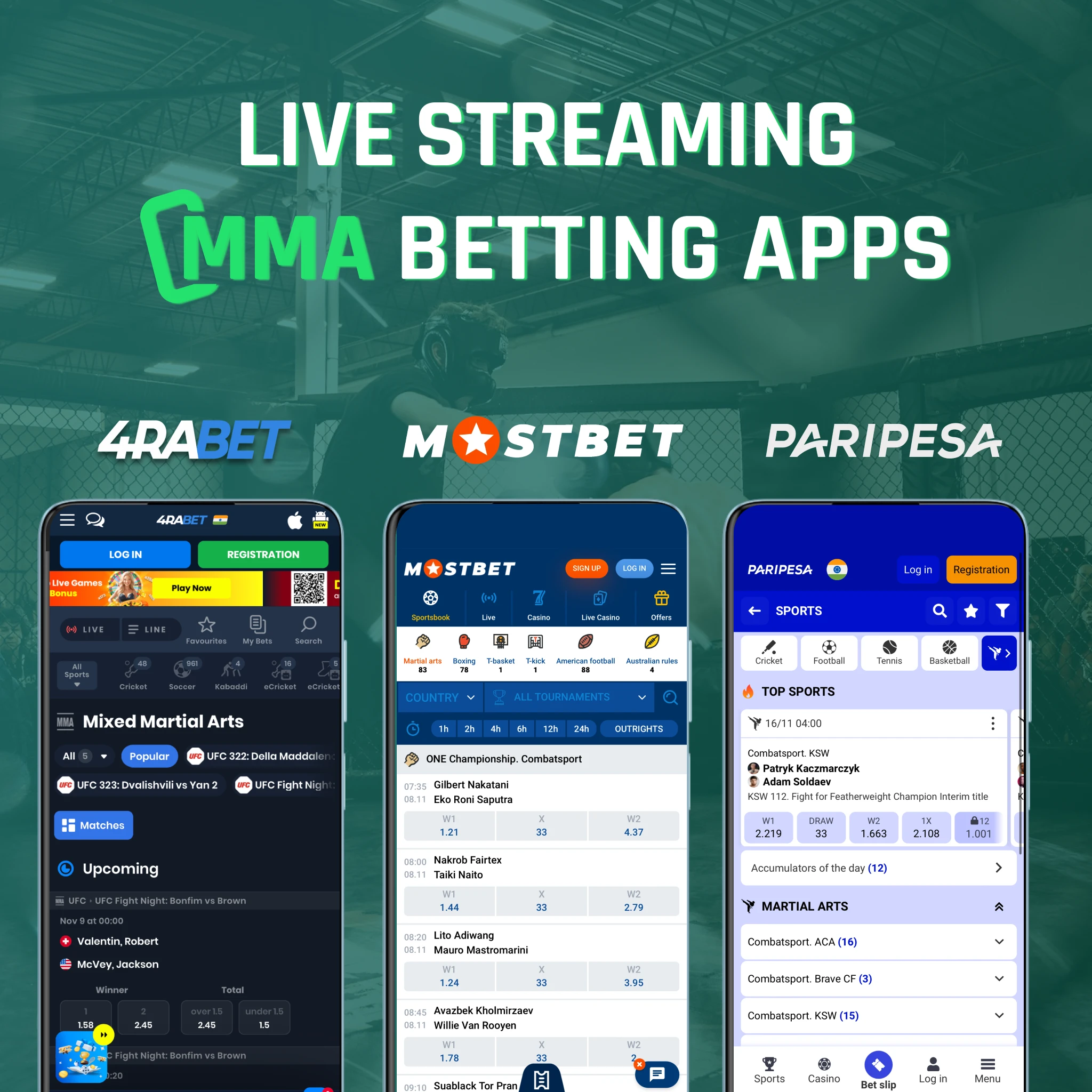 Best MMA live streaming apps India - 4rabet fight night video, Mostbet round-by-round streams, Paripesa event coverage, watch and wager simultaneously