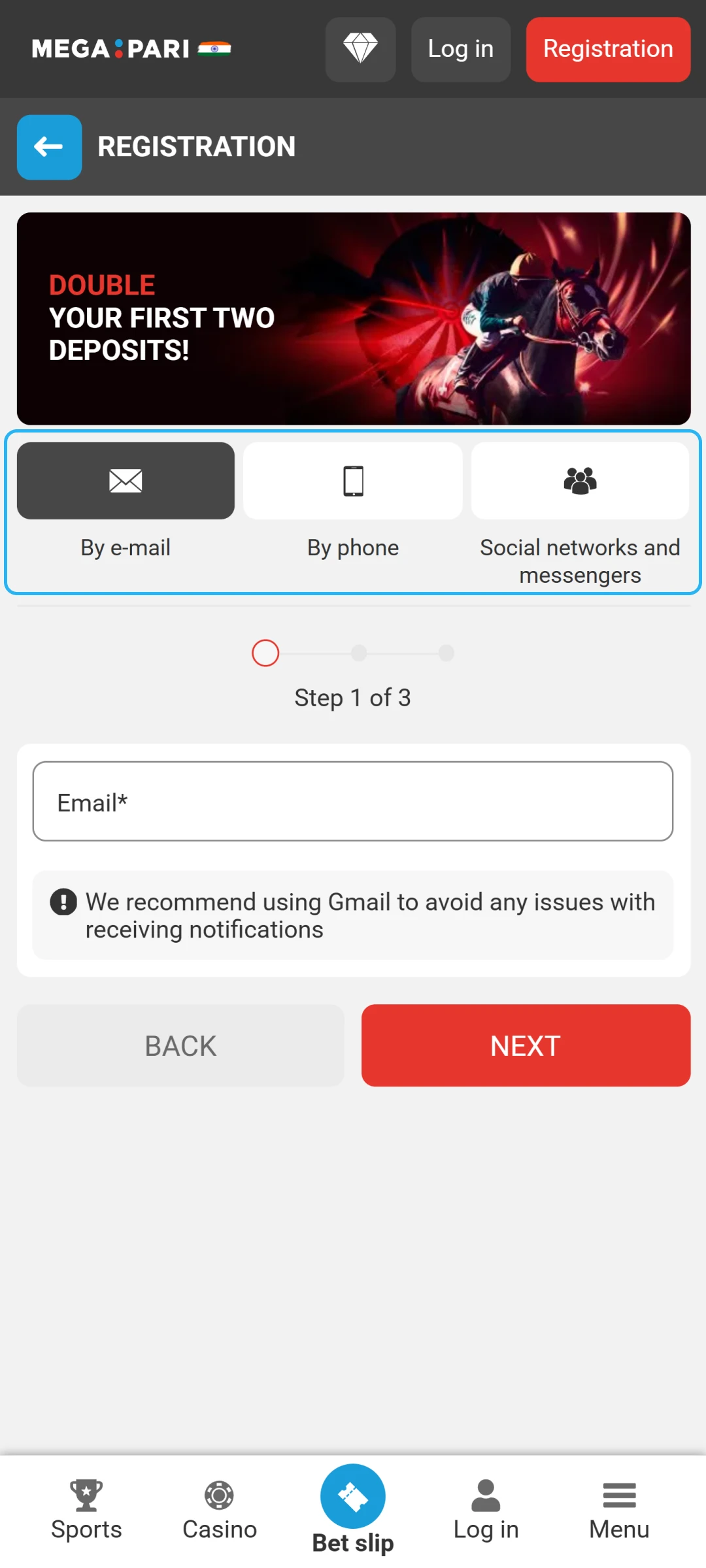 Pick your registration method to create a MegaPari App account now.