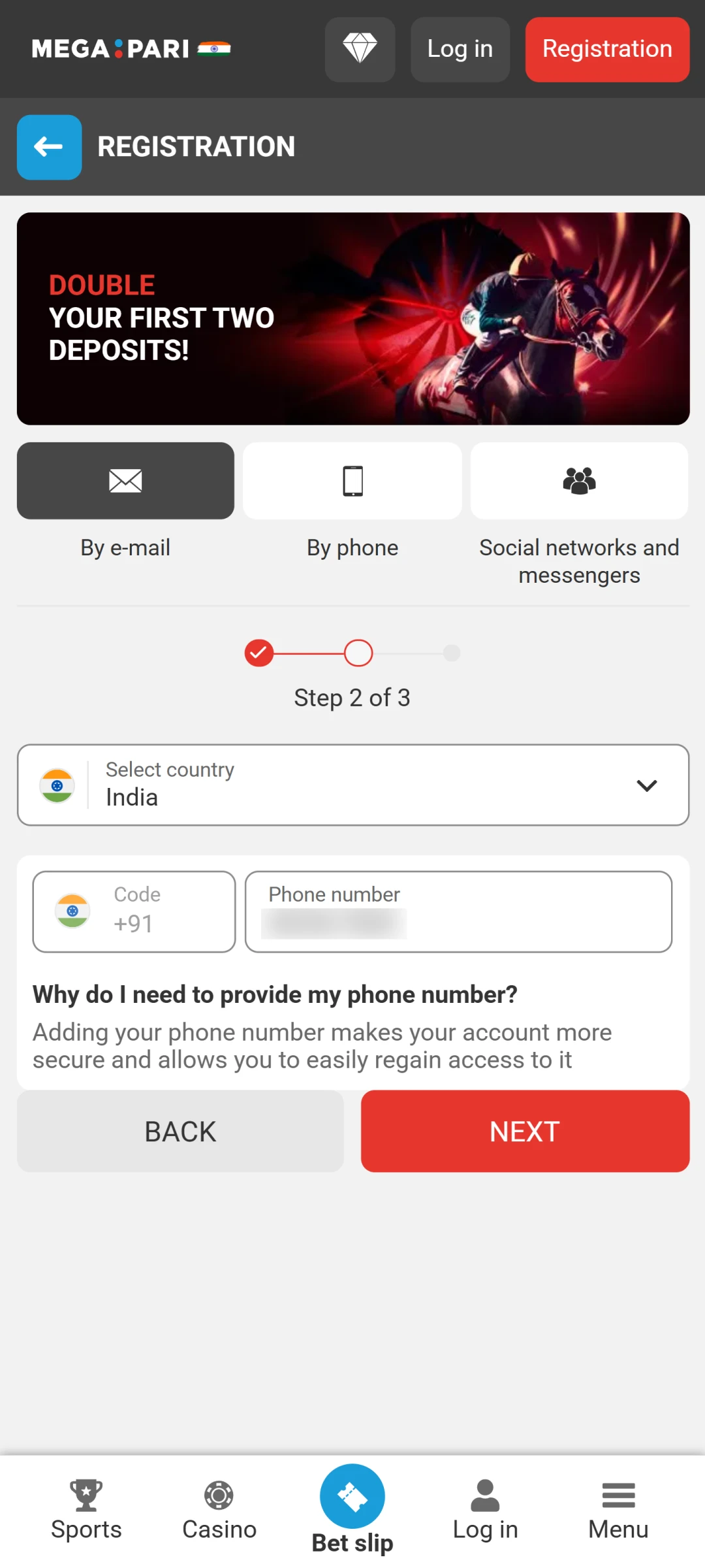 Enter your personal contact details for your MegaPari App account setup.