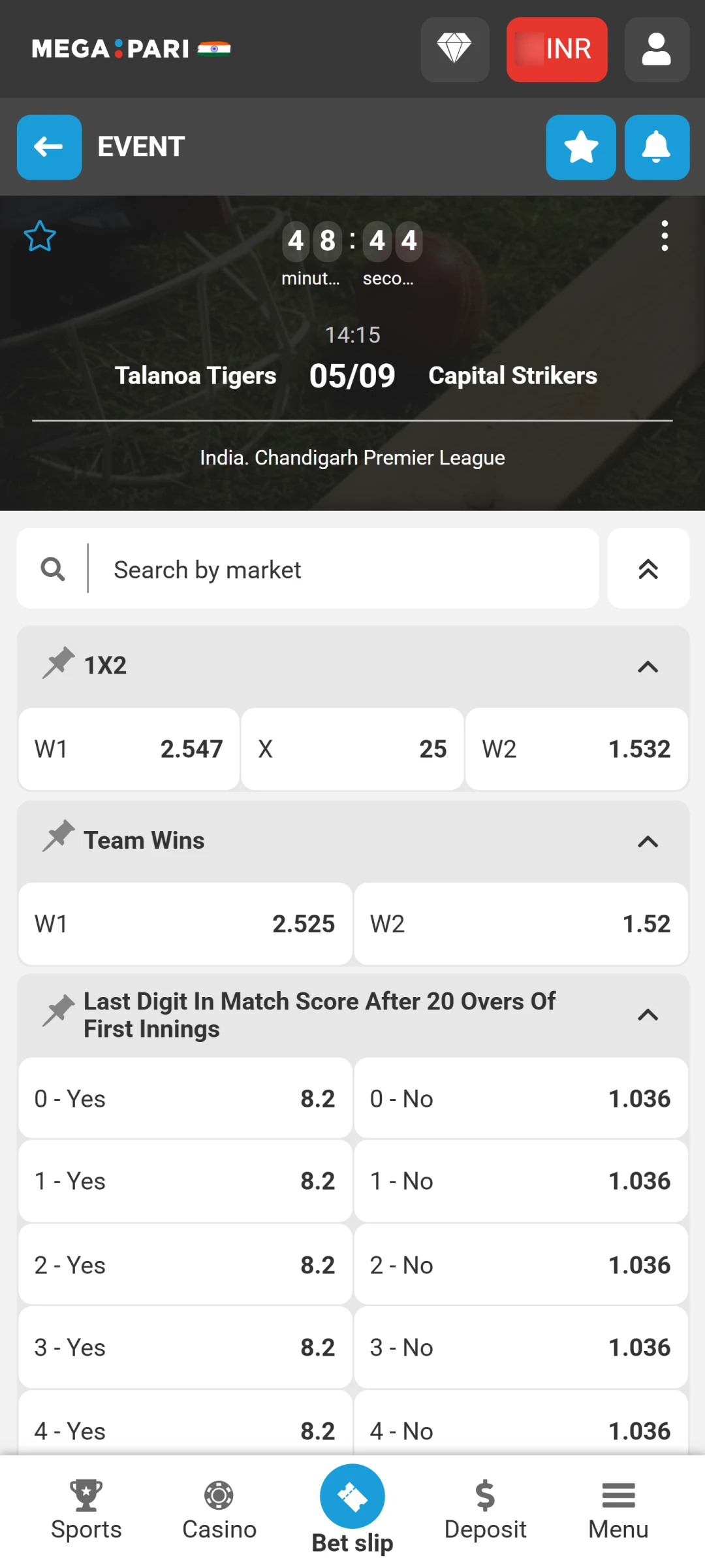 Pick a match to explore various betting markets on MegaPari App.