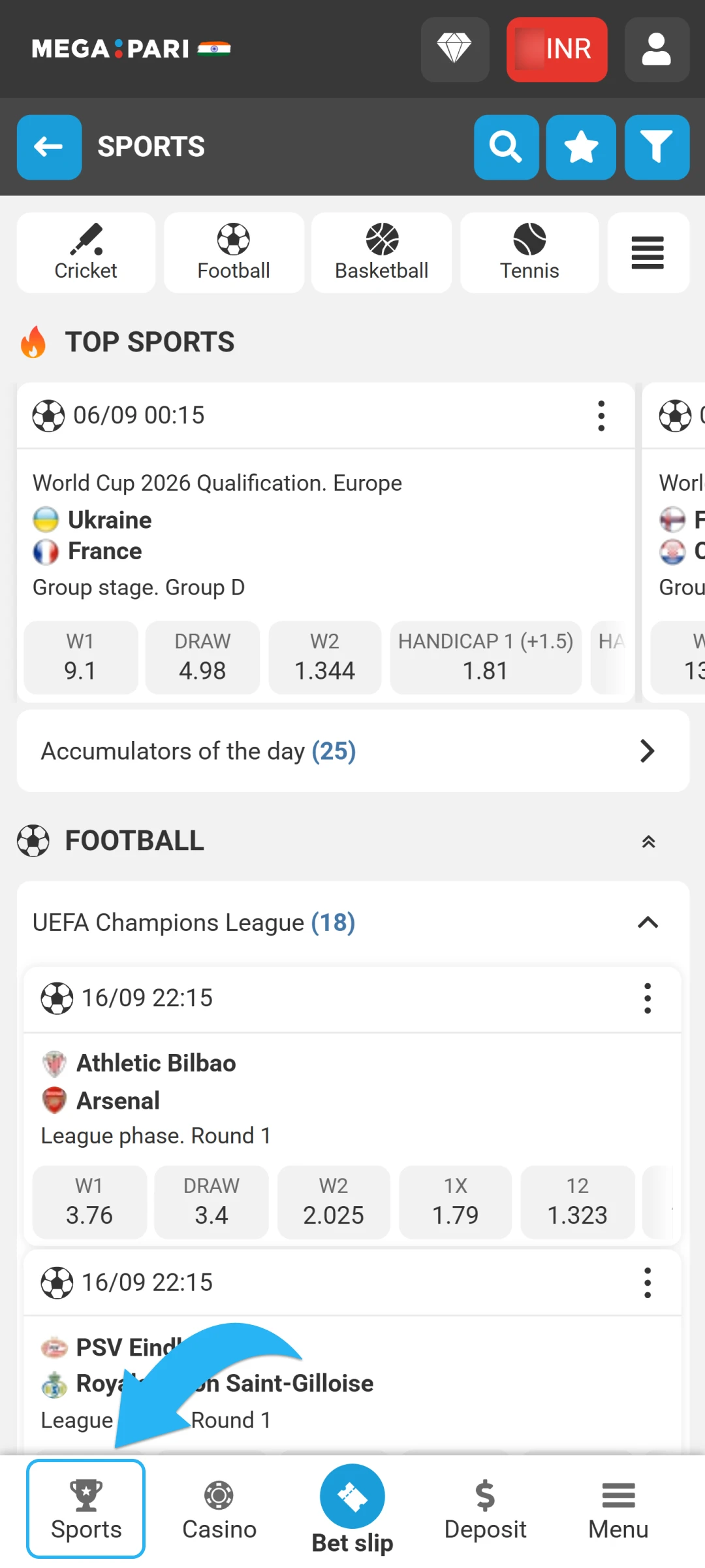 Navigate to the sports section and begin sports betting on MegaPari App.