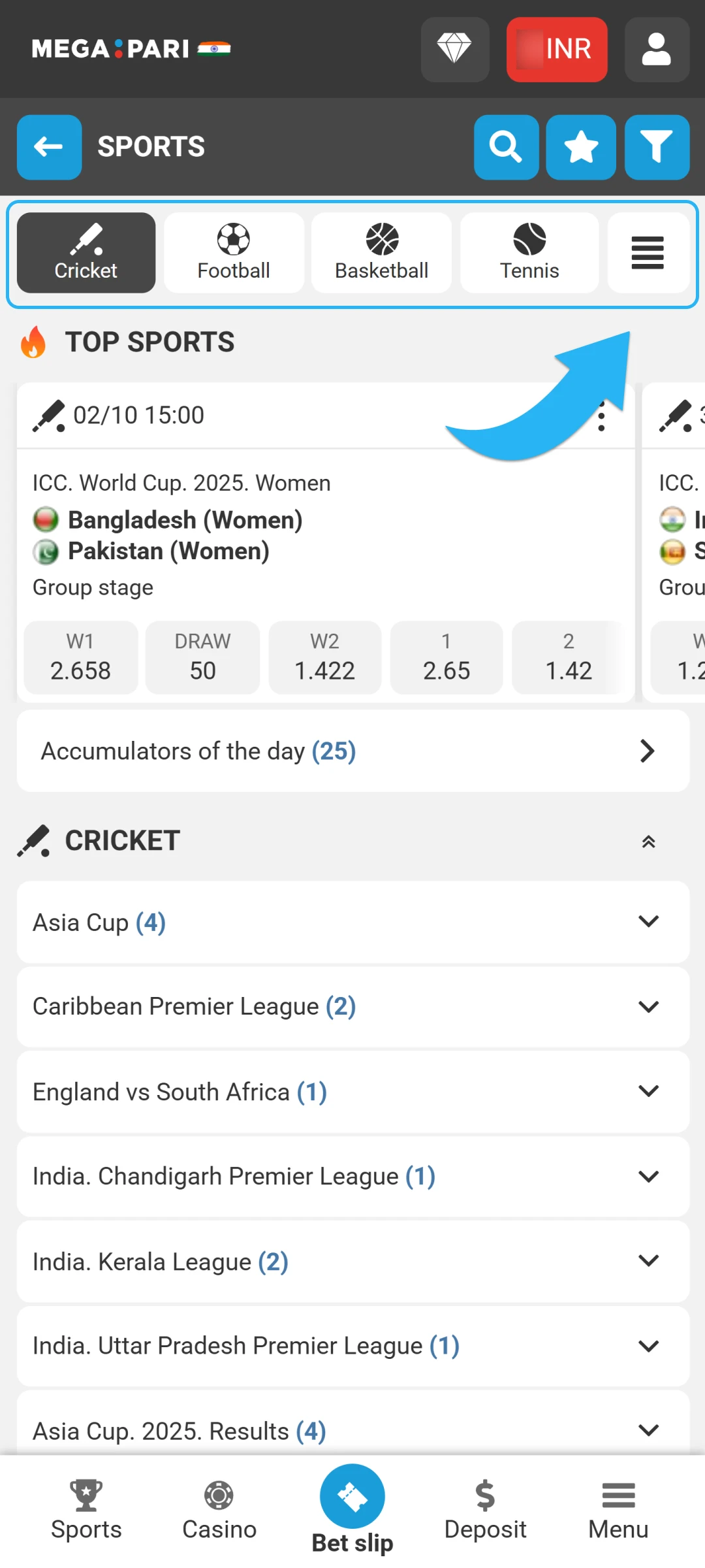 Select your favorite sport and enjoy live betting on MegaPari App.