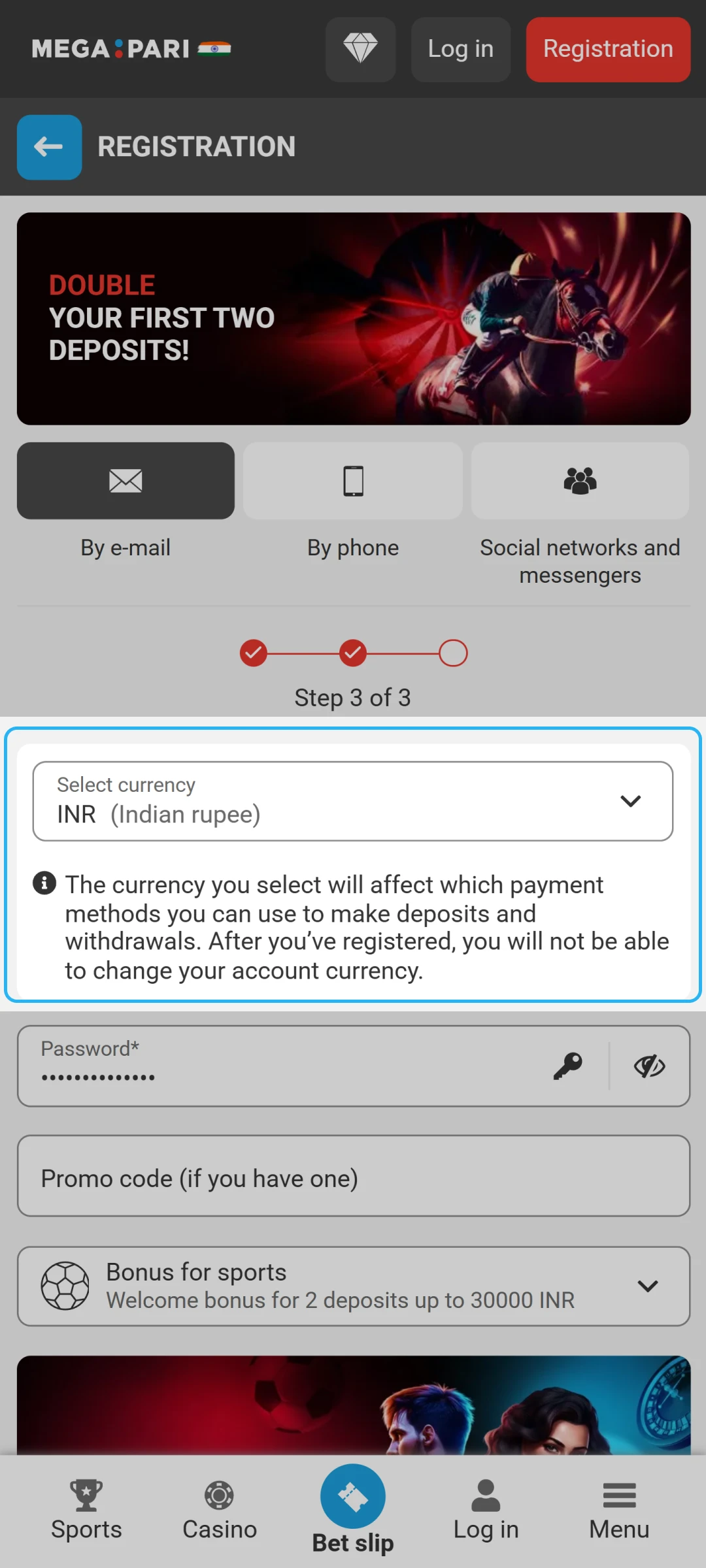 Select India and your currency for a new MegaPari App account.