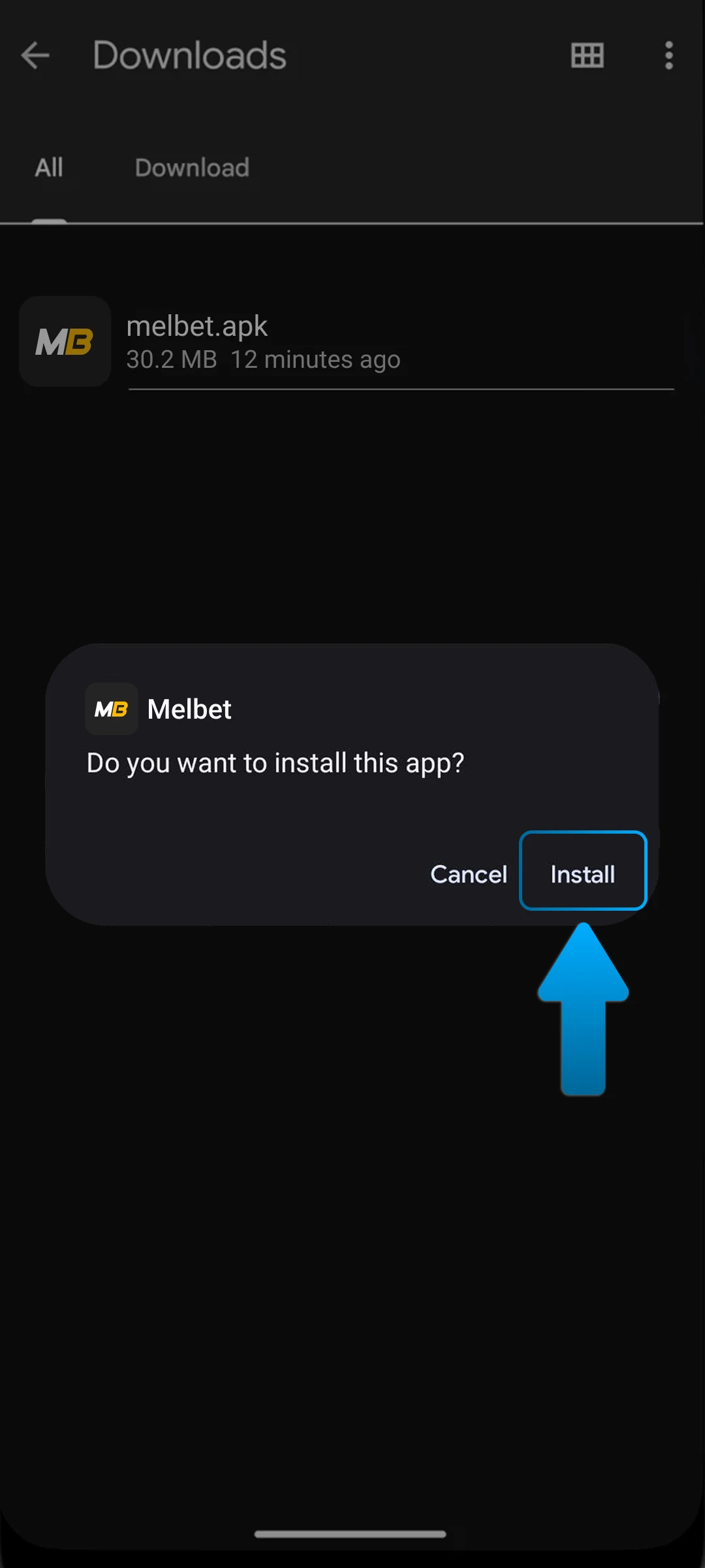Start the Melbet app installation on your Android phone in India.