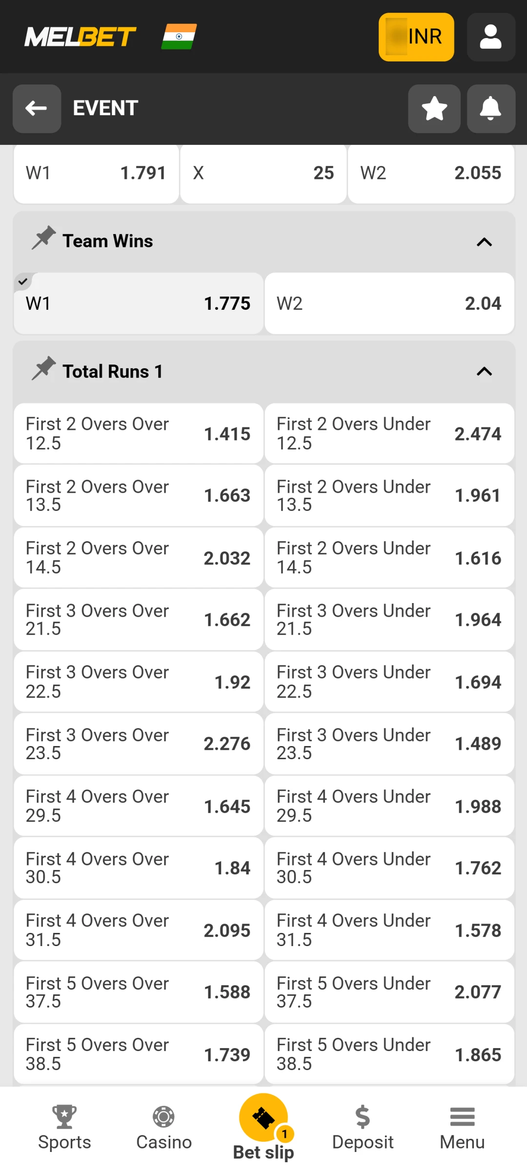 Select your desired bet type for the Melbet sports event.