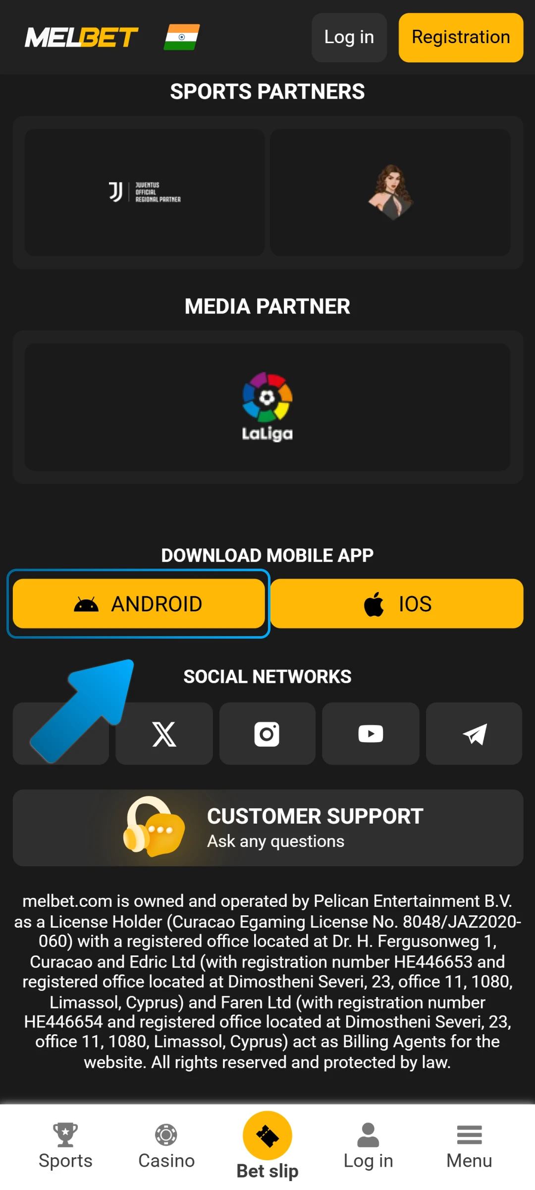 Choose the Android version to download the Melbet APK for mobile.