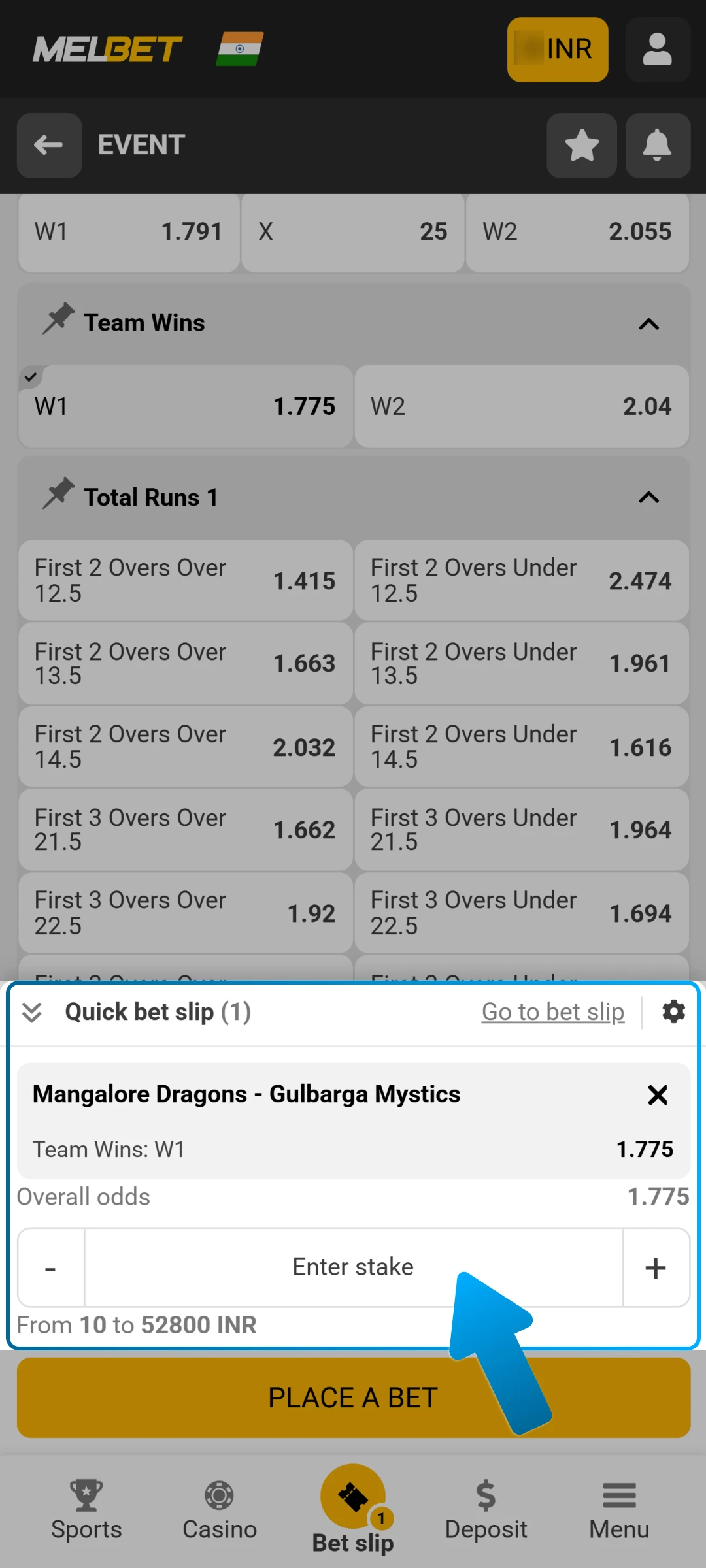 Enter your stake amount on the Melbet betting slip.