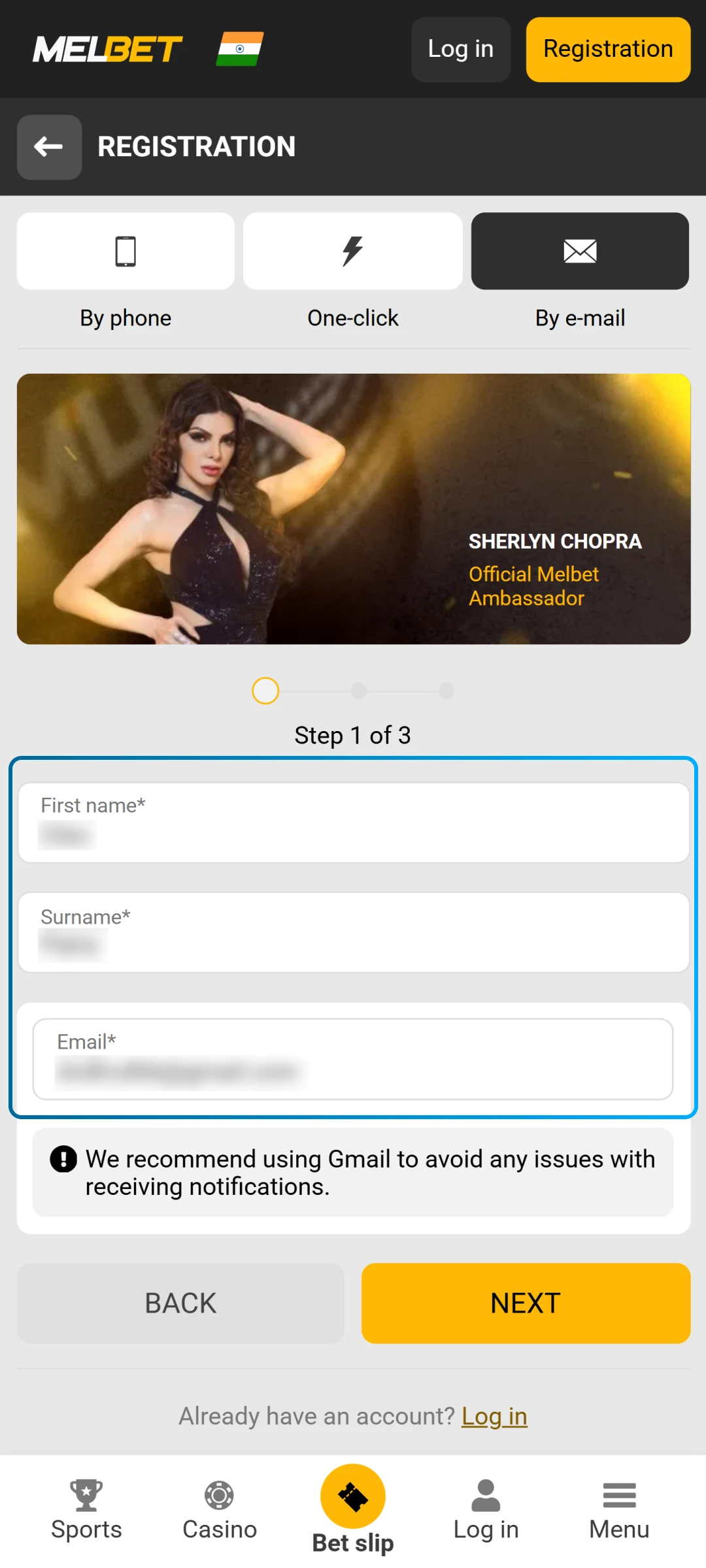 Provide your personal details to complete the Melbet sign-up form.